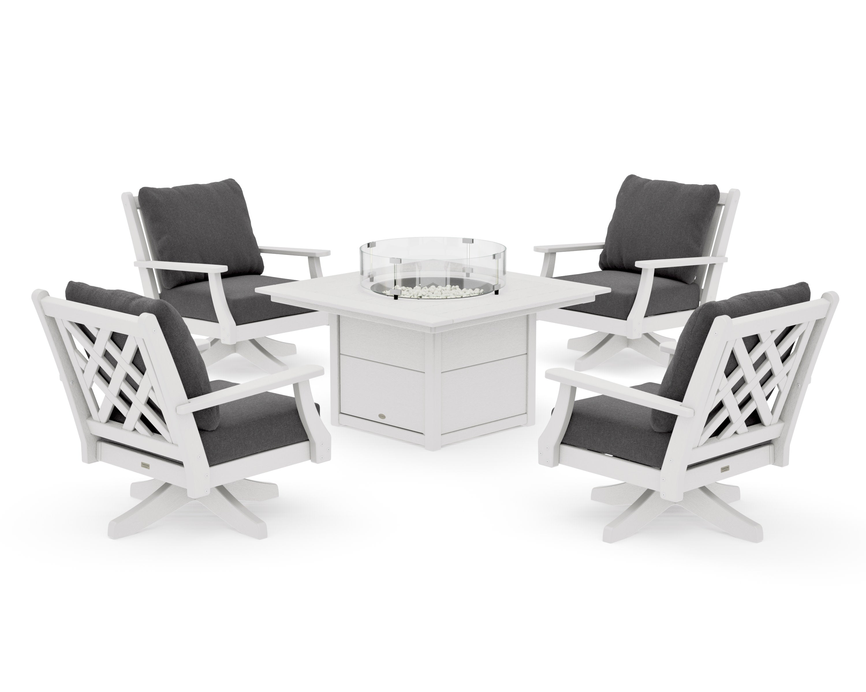 Wovendale 5-Piece Deep Seating Swivel Conversation Set with Fire Pit Table in Vintage White / Ash Charcoal