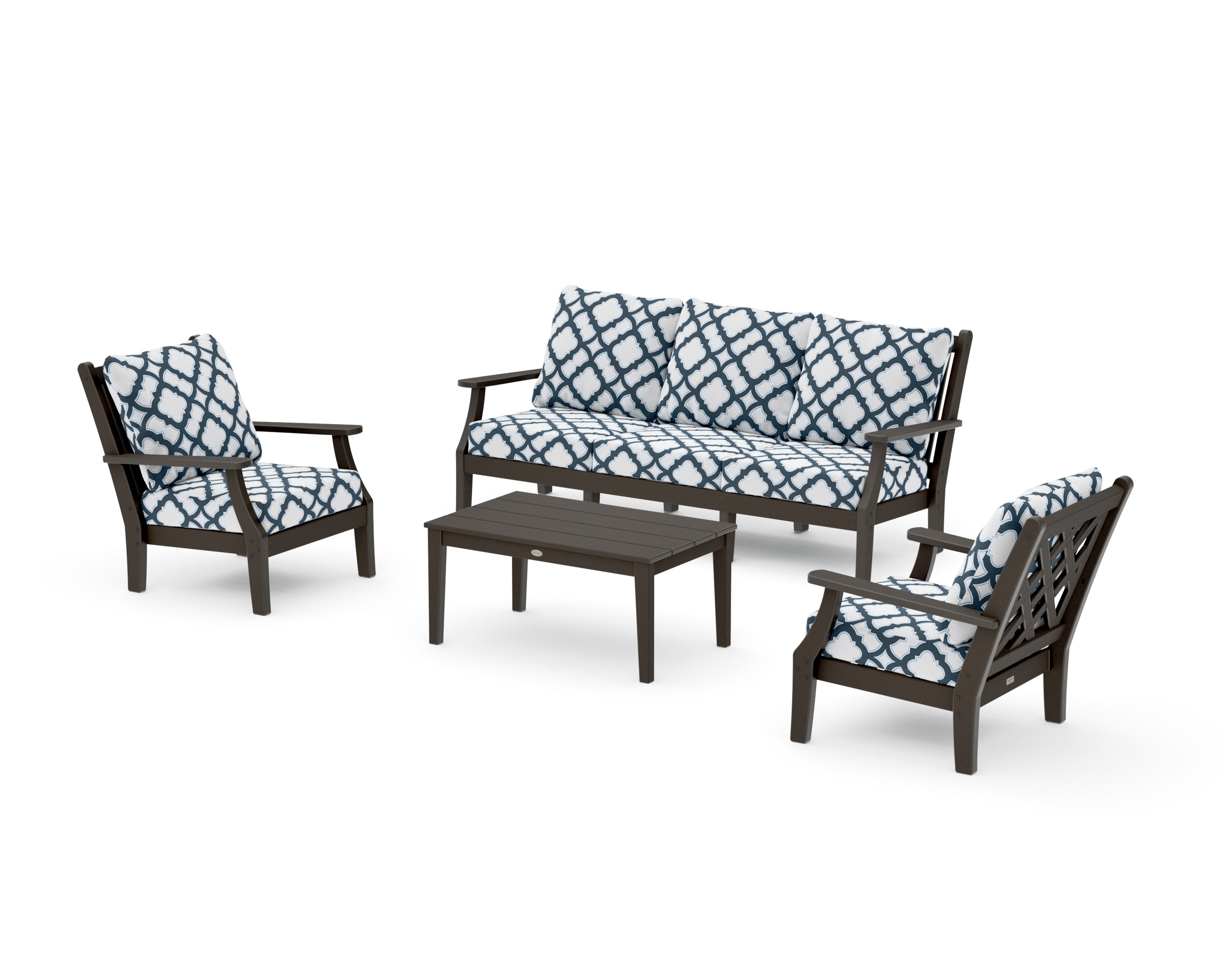 Wovendale 4-Piece Deep Seating Set with Sofa in Vintage Coffee / Trellis Marine Indigo