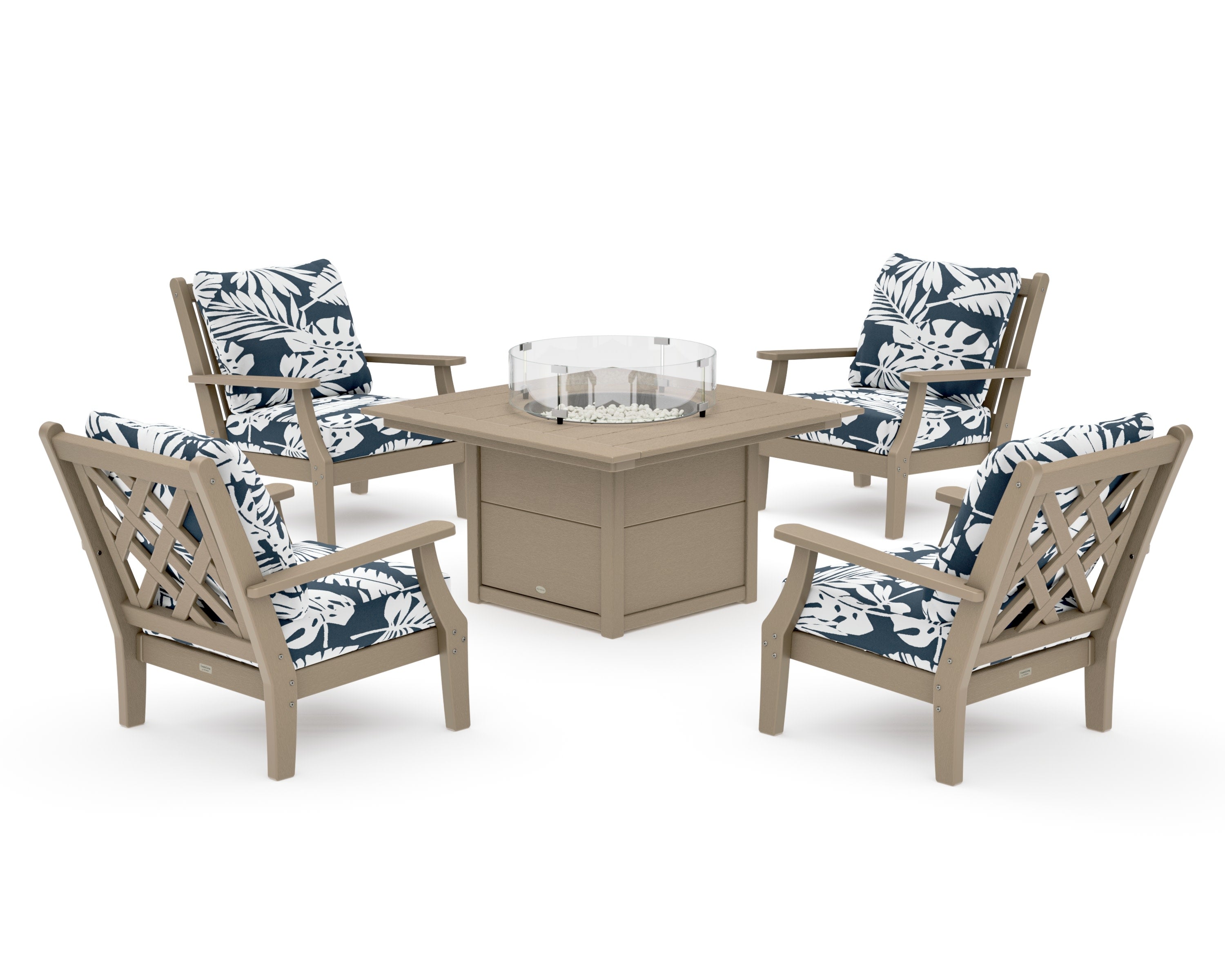 Wovendale 5-Piece Deep Seating Set with Fire Pit Table in Vintage Sahara / Leaf Marine Indigo