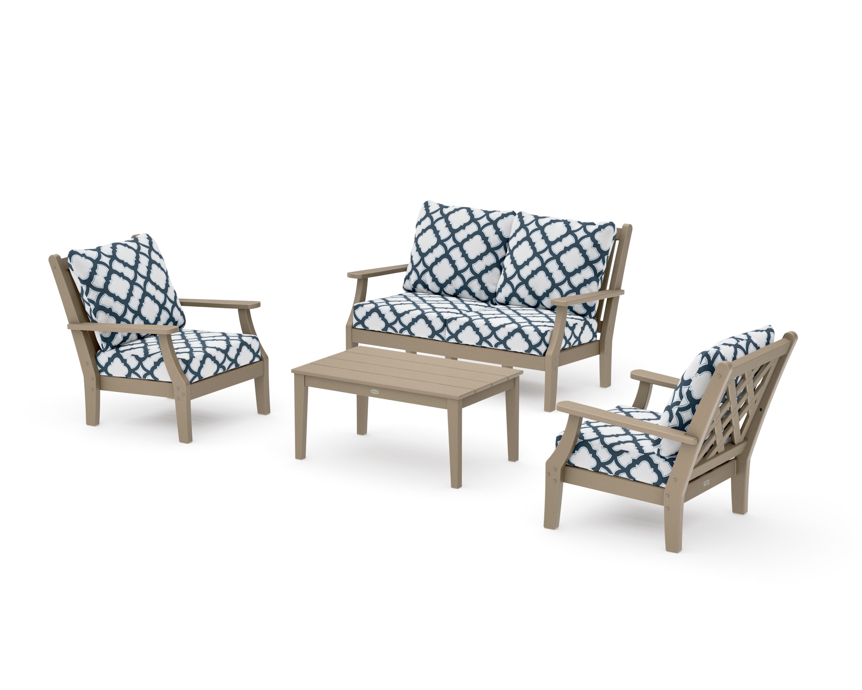Wovendale 4-Piece Deep Seating Set with Loveseat in Vintage Sahara / Trellis Marine Indigo