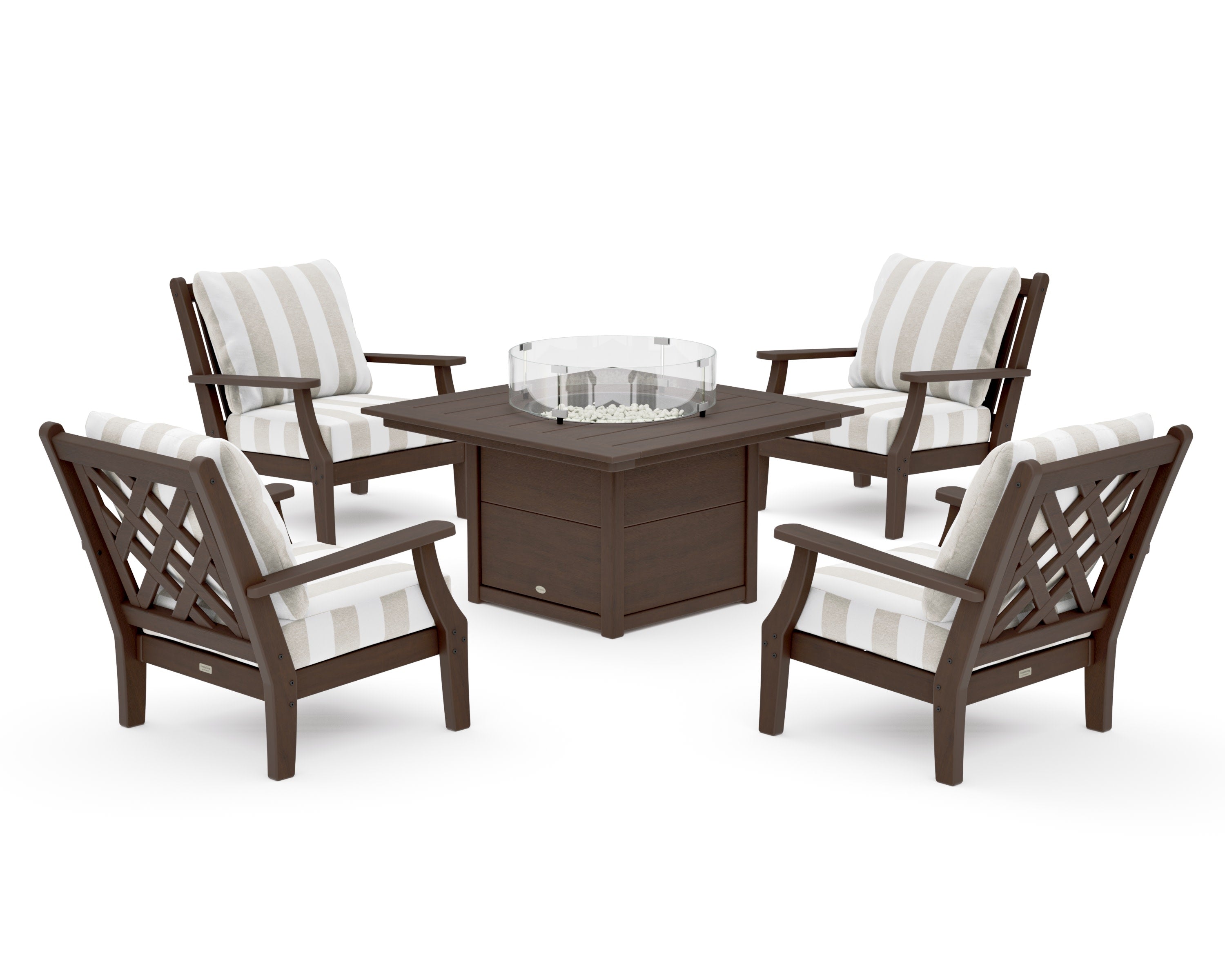 Wovendale 5-Piece Deep Seating Set with Fire Pit Table in Kona / Cabana Stripe Dune Burlap