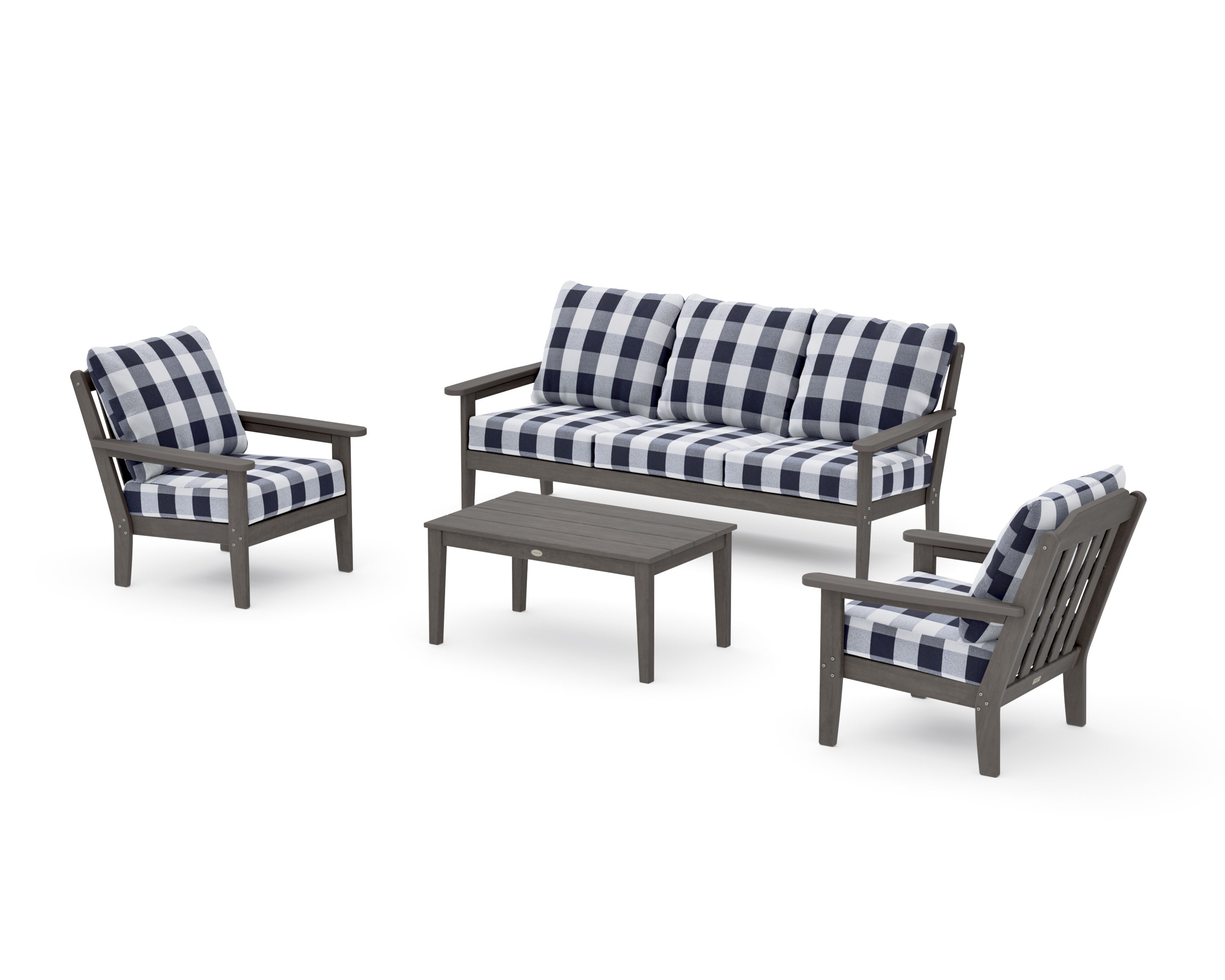 Cottage 4-Piece Deep Seating Set with Sofa in Driftwood / Buffalo Plaid Navy