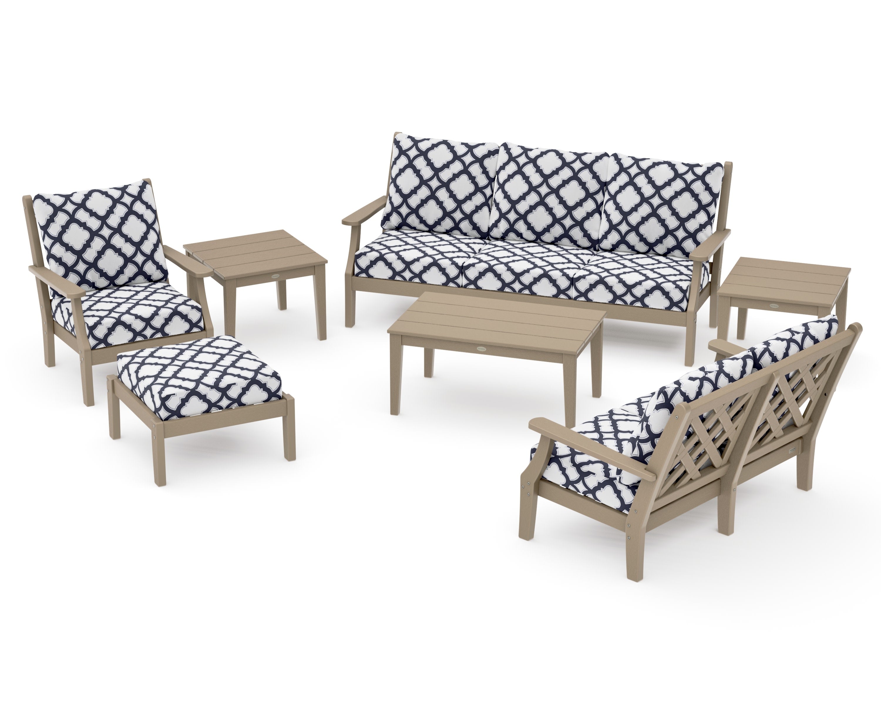 Wovendale 7-Piece Deep Seating Set in Vintage Sahara / Trellis Navy
