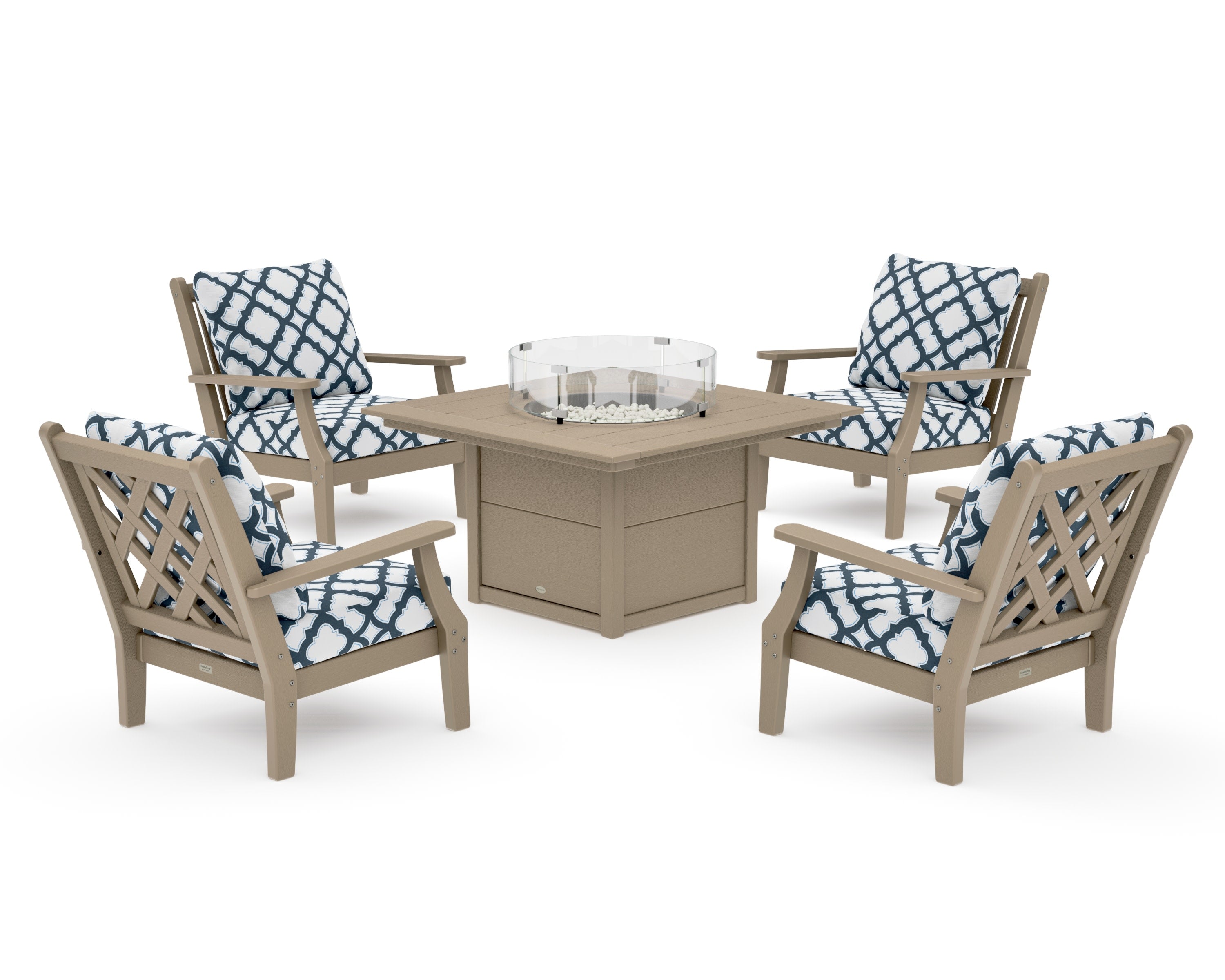 Wovendale 5-Piece Deep Seating Set with Fire Pit Table in Vintage Sahara / Trellis Marine Indigo
