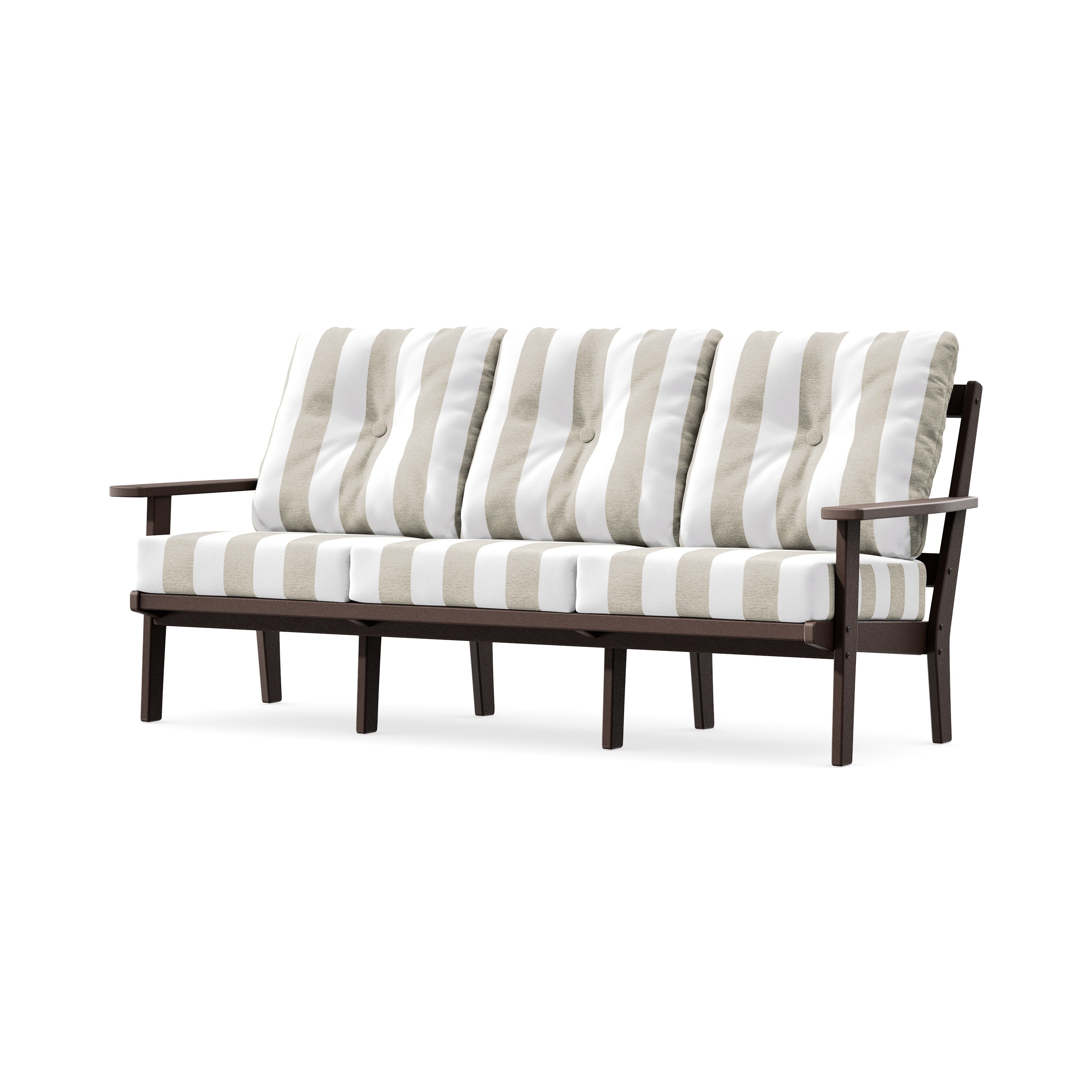 PrairieDeep Seating Sofa in Mahogany / Cabana Stripe Dune Burlap