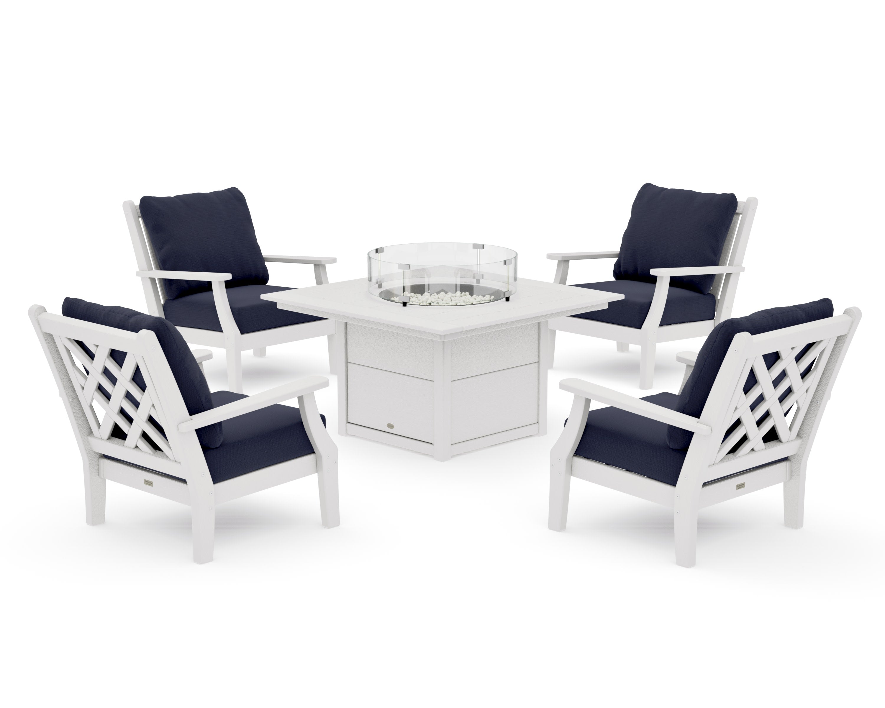 Wovendale 5-Piece Deep Seating Set with Fire Pit Table in Vintage White / Navy Linen