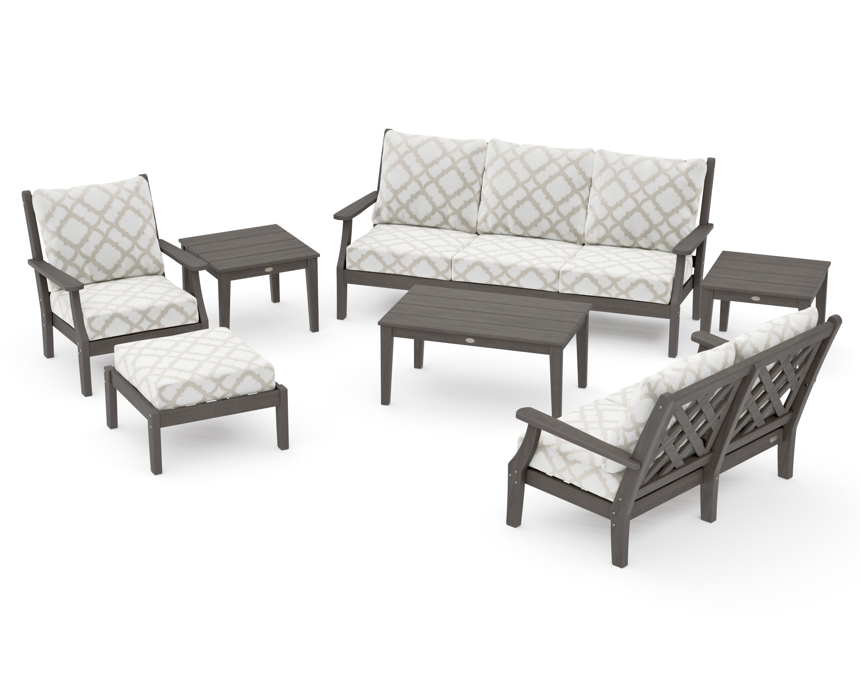 Wovendale 7-Piece Deep Seating Set in Driftwood / Trellis Dune Burlap