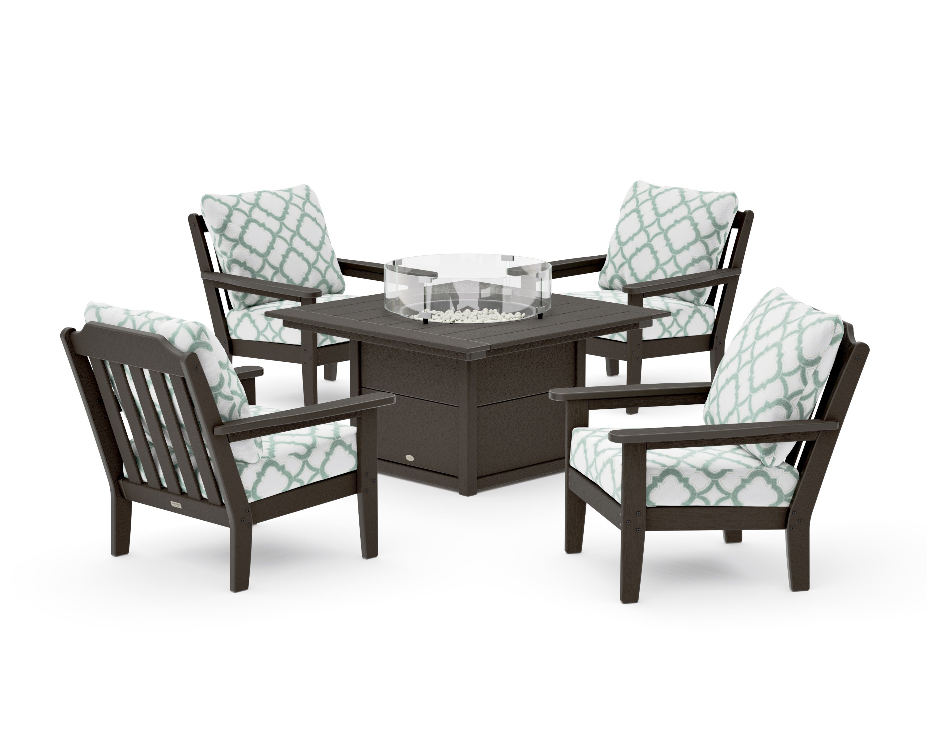Cottage 5-Piece Deep Seating Set with Fire Pit Table in Vintage Coffee / Trellis Glacier Spa