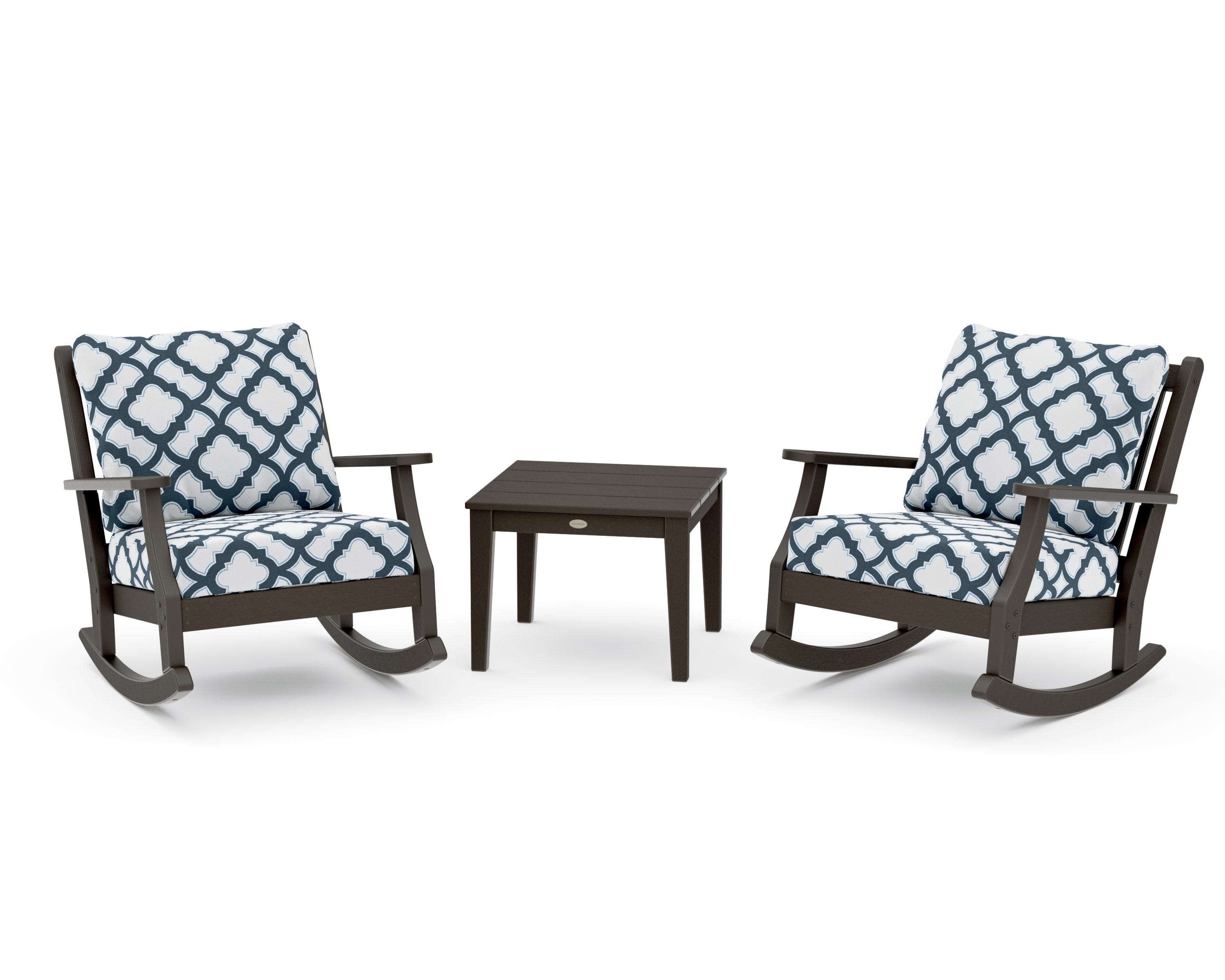 Wovendale 3-Piece Deep Seating Rocker Set in Vintage Coffee / Trellis Marine Indigo