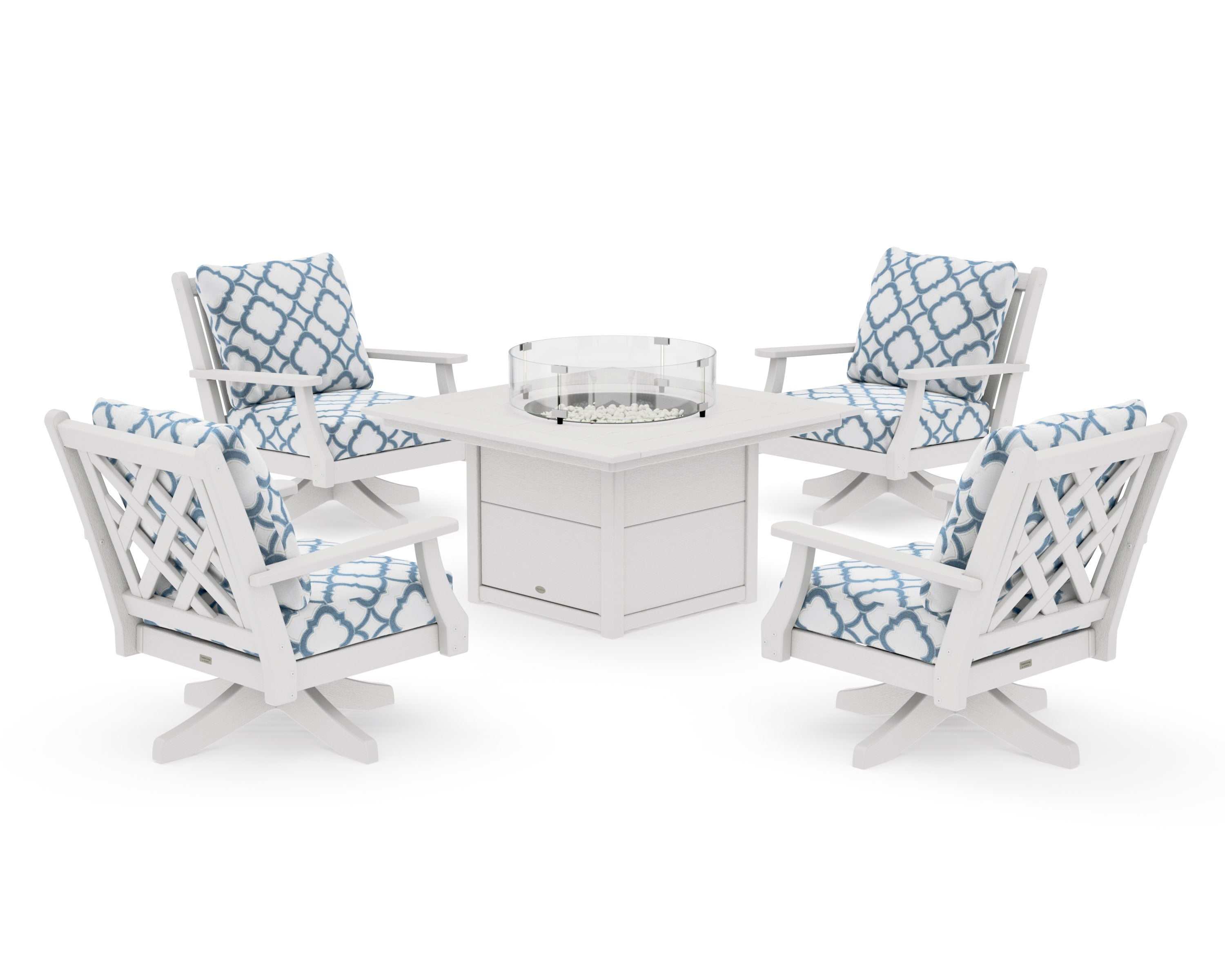 Wovendale 5-Piece Deep Seating Swivel Conversation Set with Fire Pit Table in Vintage White / Trellis Sky Blue