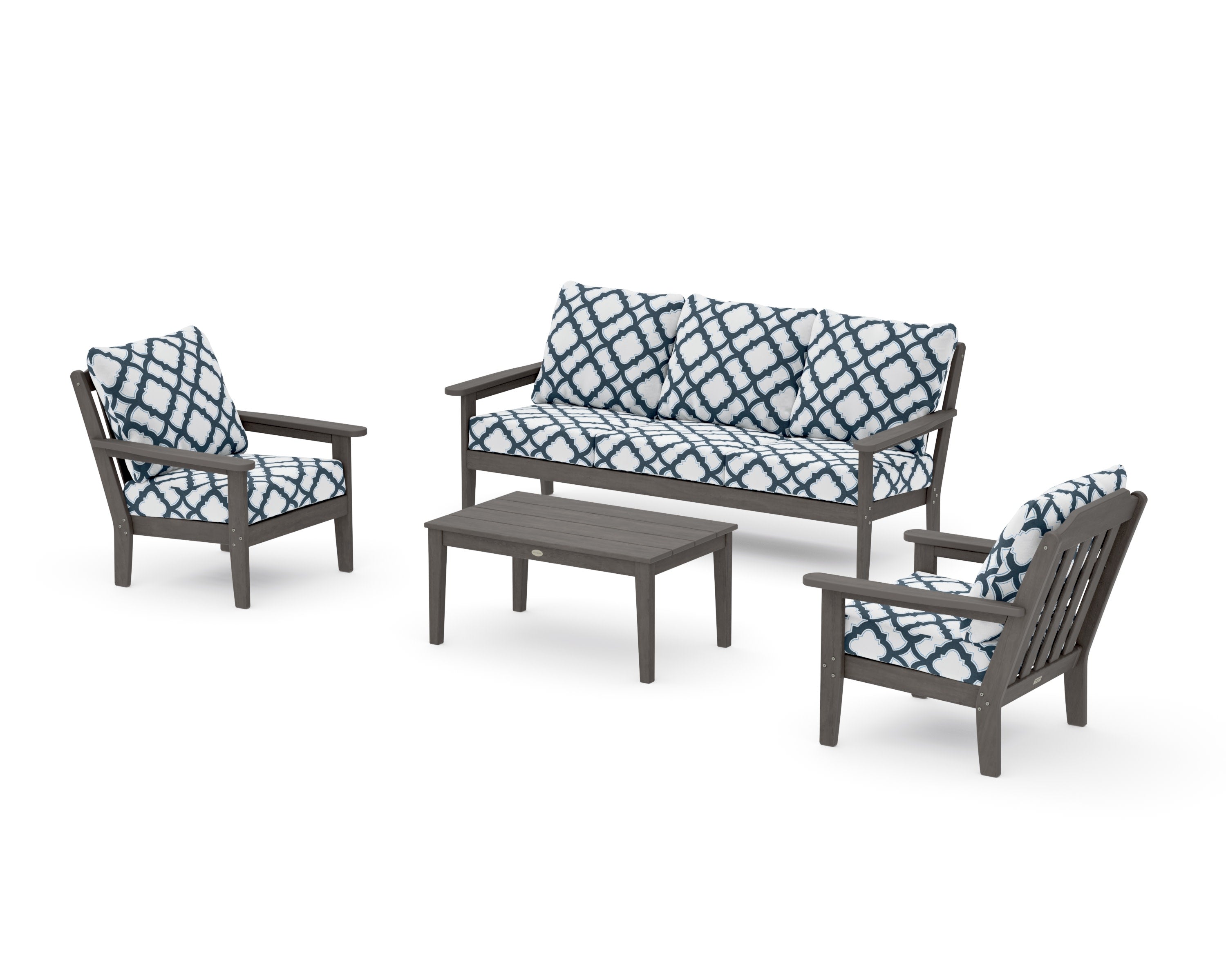 Cottage 4-Piece Deep Seating Set with Sofa in Driftwood / Trellis Marine Indigo
