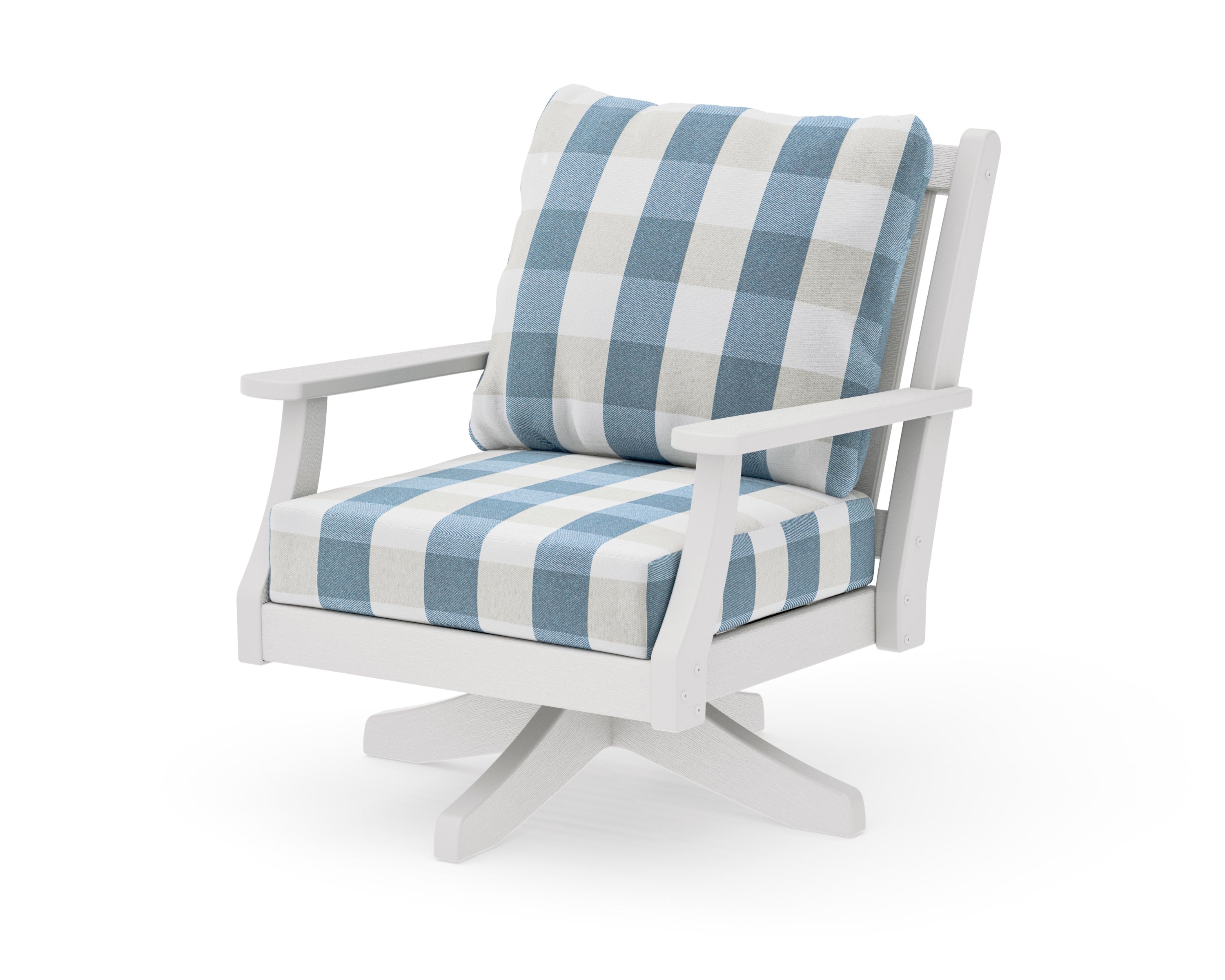Wovendale Deep Seating Swivel Chair in Vintage White / Buffalo Plaid Sky Blue