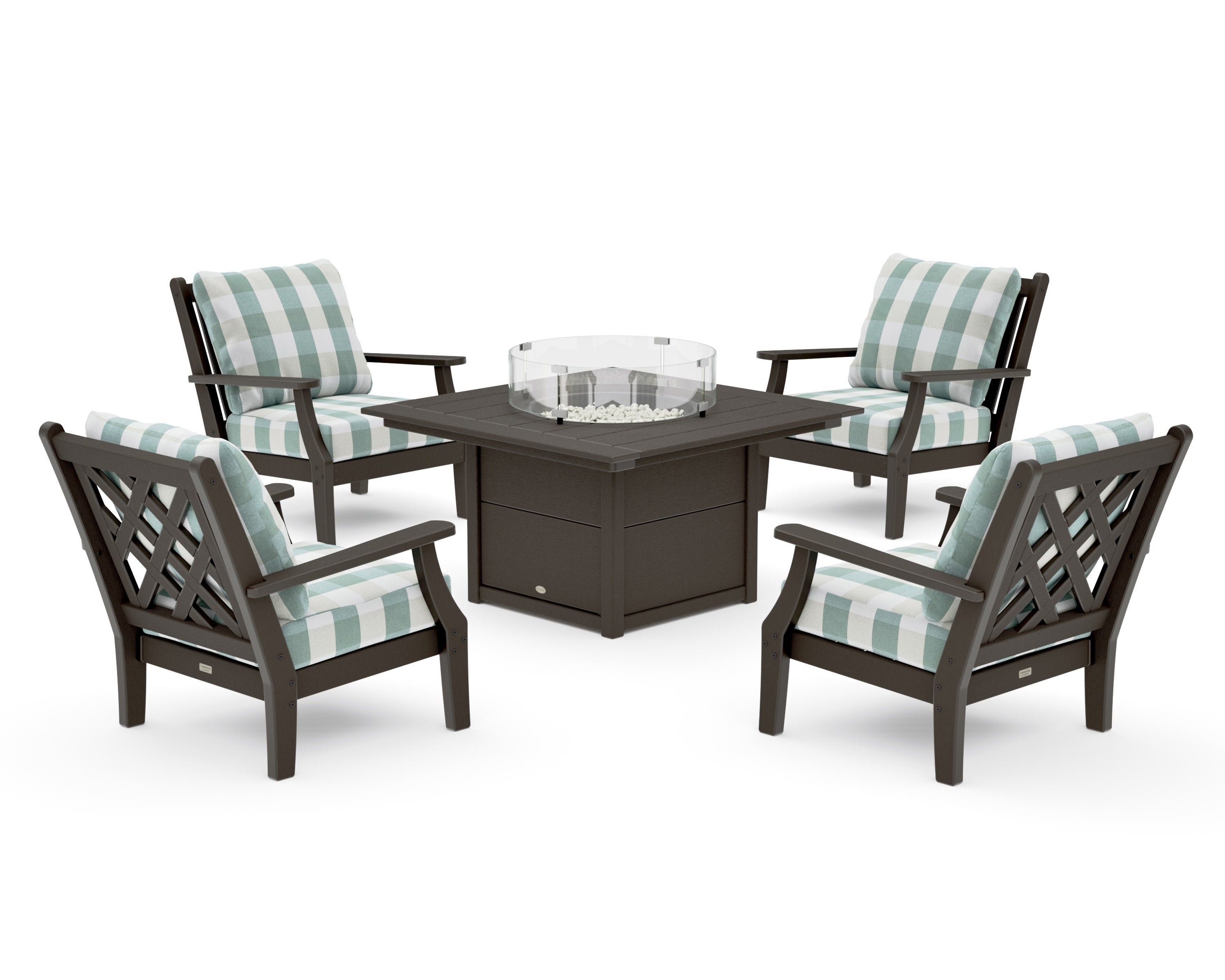 Wovendale 5-Piece Deep Seating Set with Fire Pit Table in Vintage Coffee / Buffalo Plaid Glacier Spa