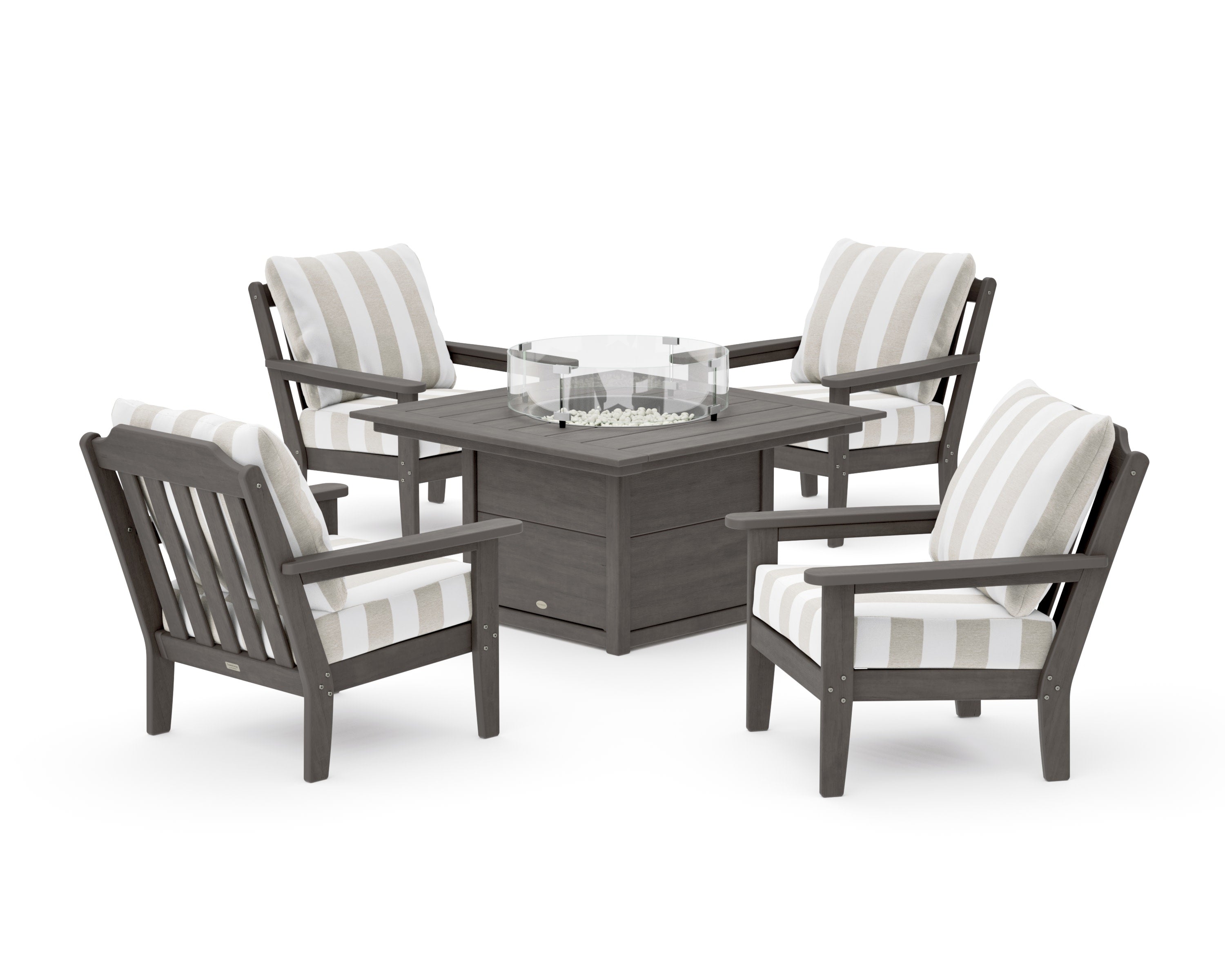 Cottage 5-Piece Deep Seating Set with Fire Pit Table in Driftwood / Cabana Stripe Dune Burlap