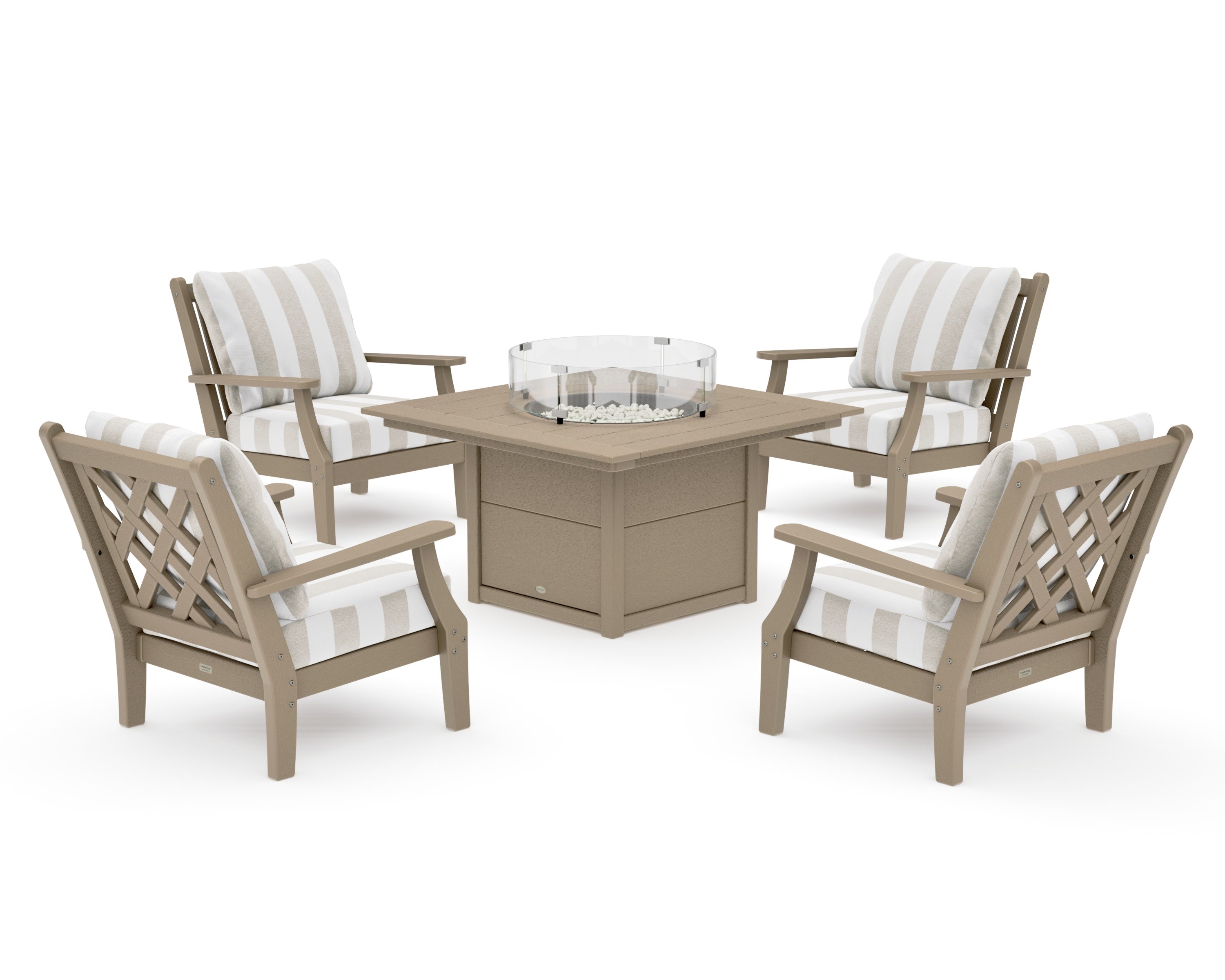 Wovendale 5-Piece Deep Seating Set with Fire Pit Table in Vintage Sahara / Cabana Stripe Dune Burlap