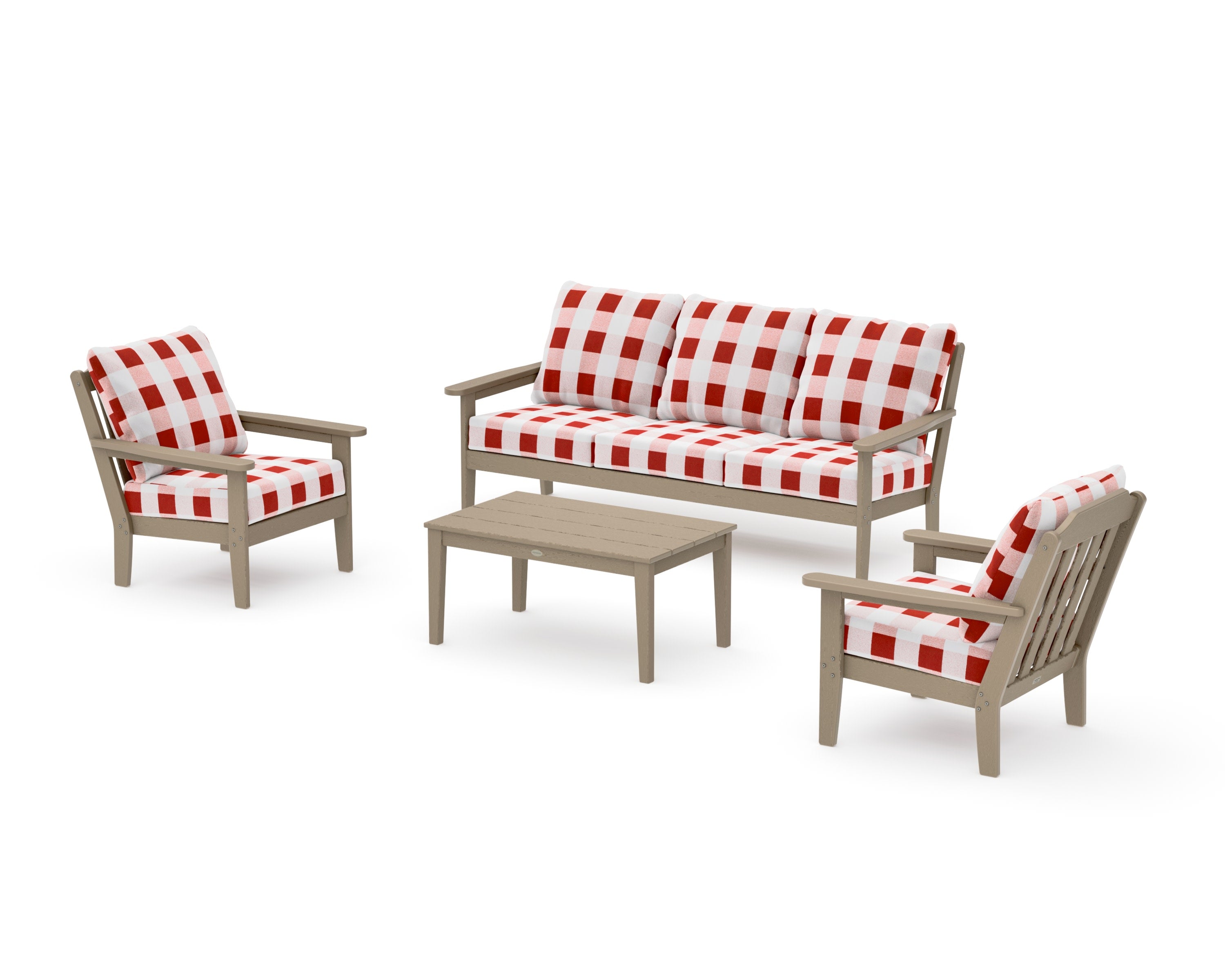 Cottage 4-Piece Deep Seating Set with Sofa in Vintage Sahara / Buffalo Plaid Crimson