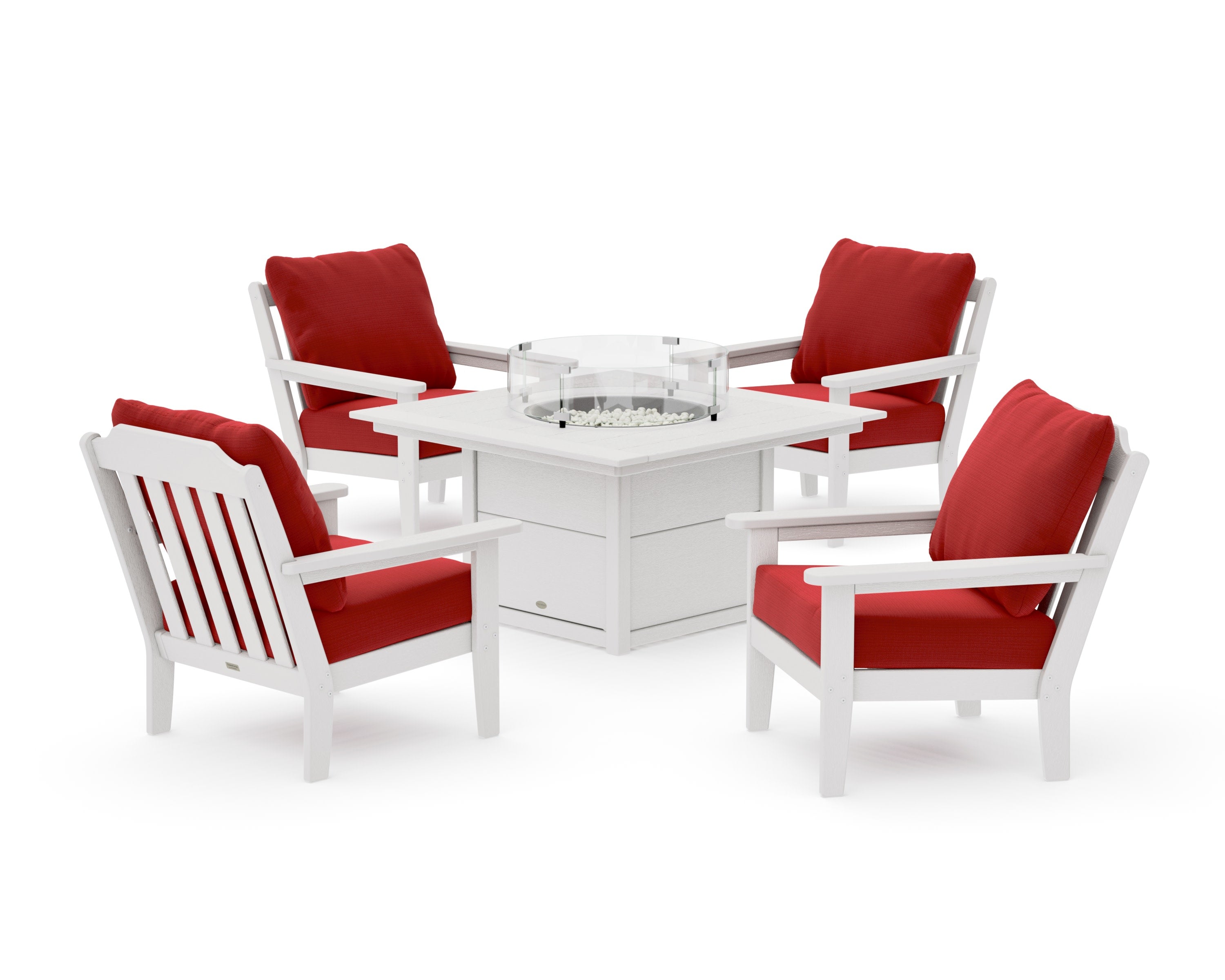 Cottage 5-Piece Deep Seating Set with Fire Pit Table in Vintage White / Crimson Linen
