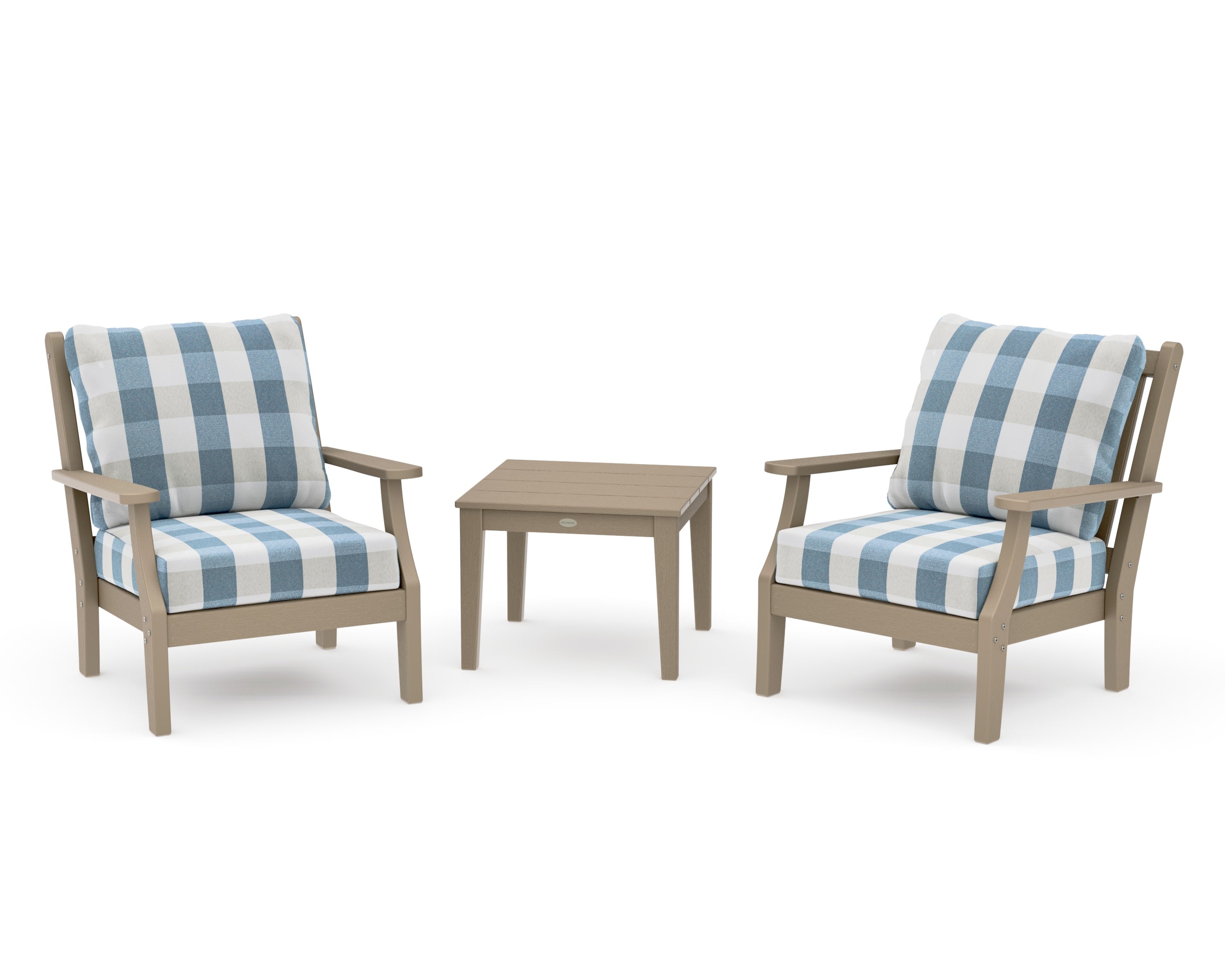 Wovendale 3-Piece Deep Seating Set in Vintage Sahara / Buffalo Plaid Sky Blue