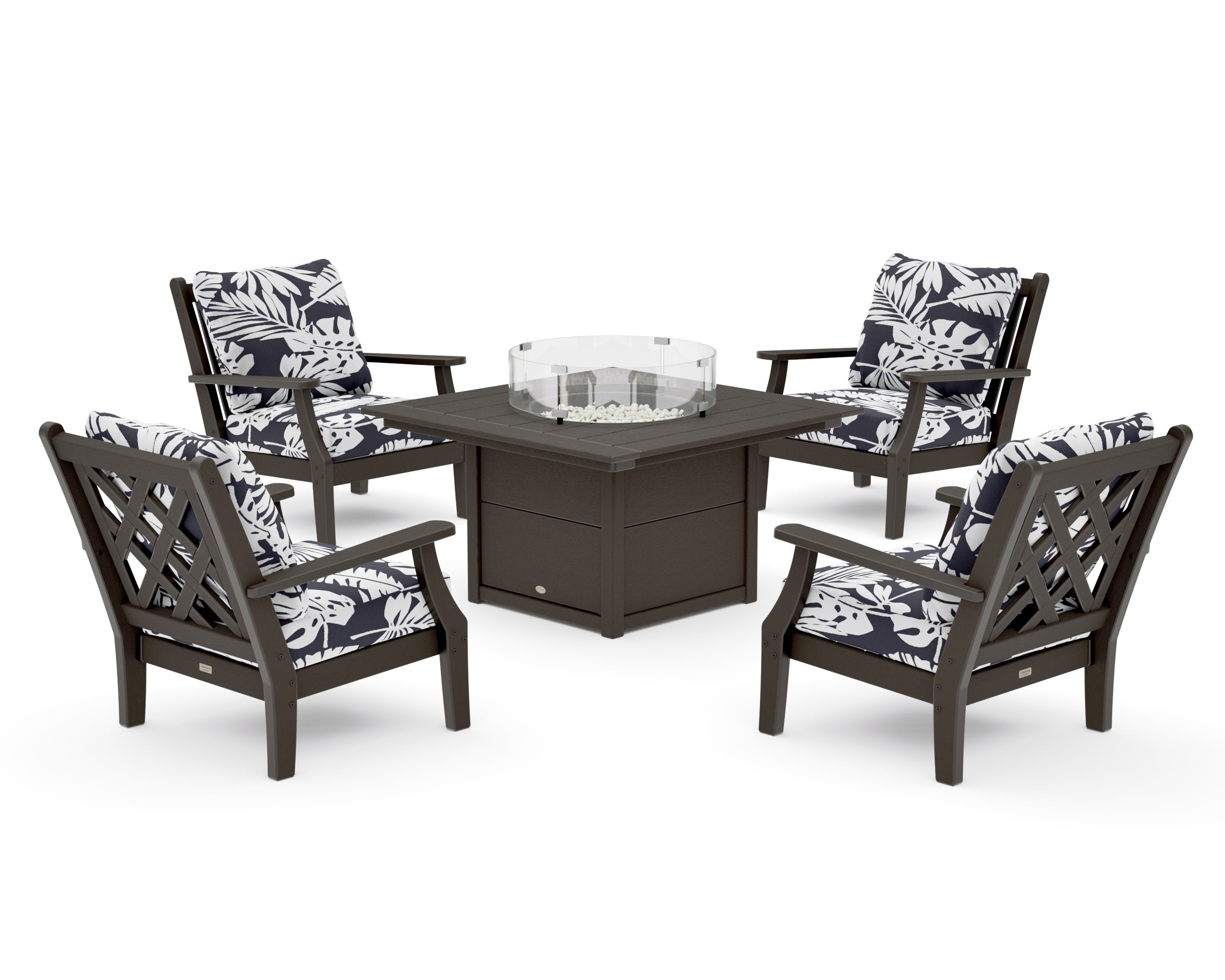 Wovendale 5-Piece Deep Seating Set with Fire Pit Table in Vintage Coffee / Leaf Navy