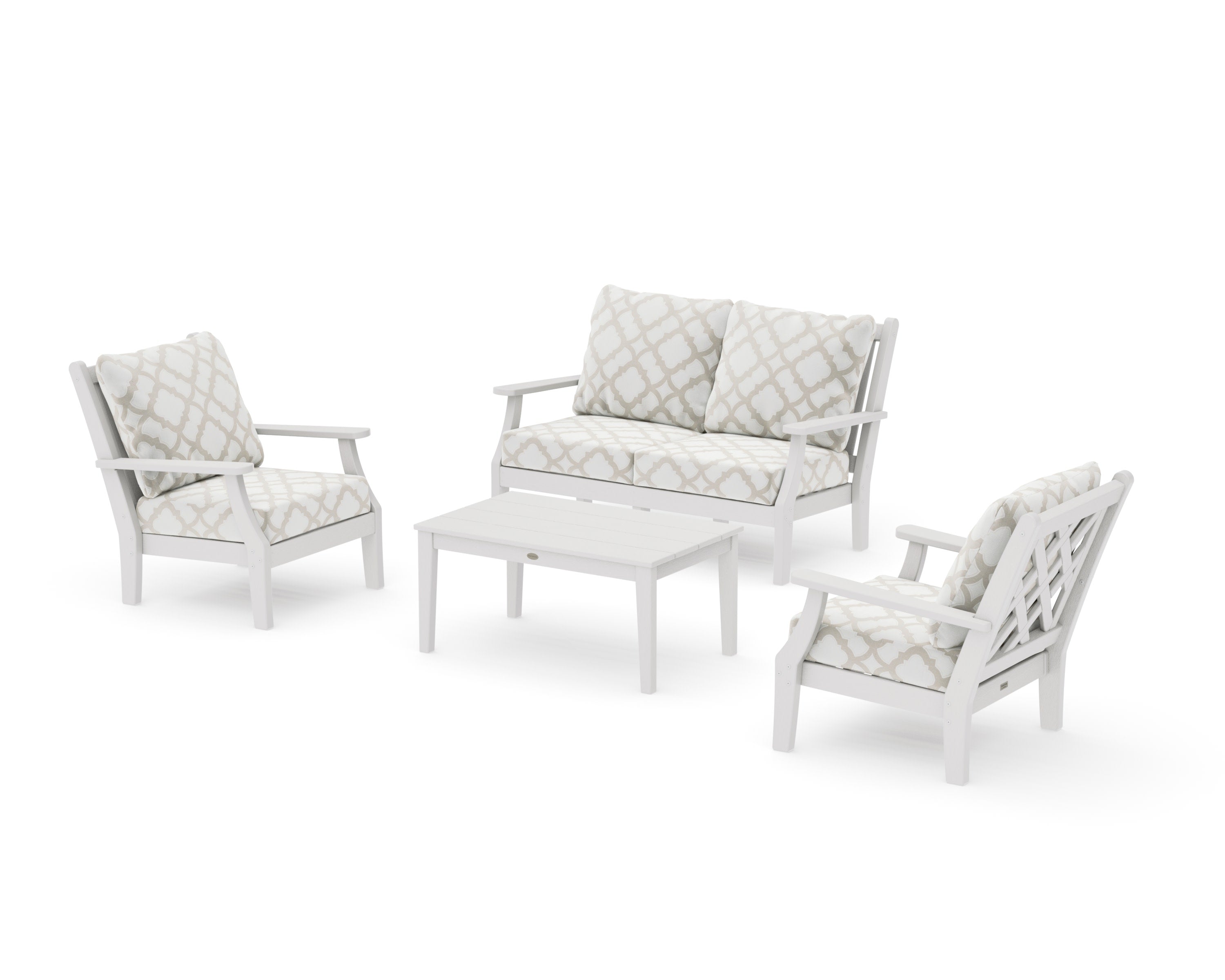 Wovendale 4-Piece Deep Seating Set with Loveseat in Vintage White / Trellis Dune Burlap