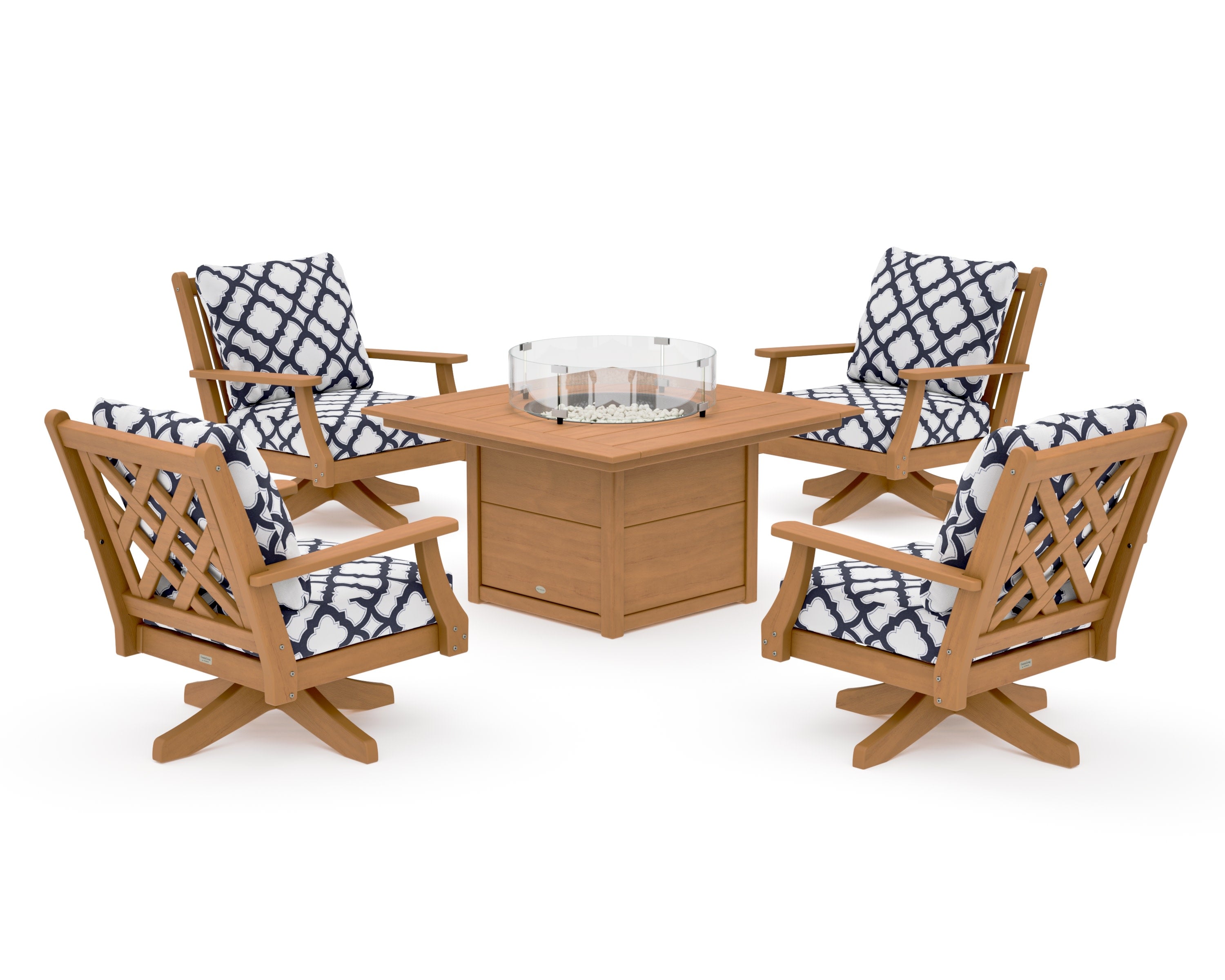 Wovendale 5-Piece Deep Seating Swivel Conversation Set with Fire Pit Table in Natural / Trellis Navy