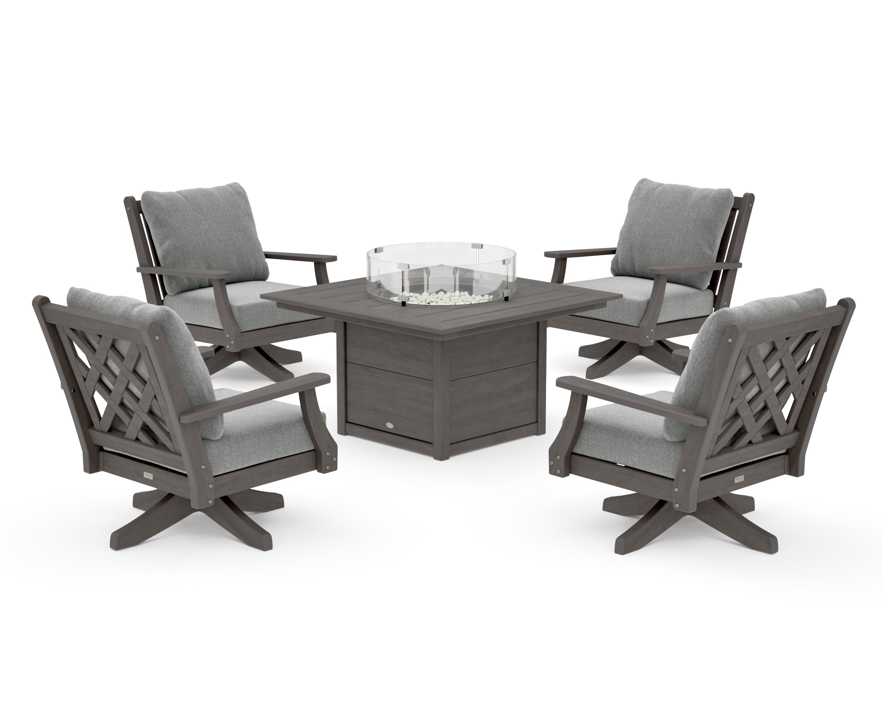 Wovendale 5-Piece Deep Seating Swivel Conversation Set with Fire Pit Table in Driftwood / Grey Mist
