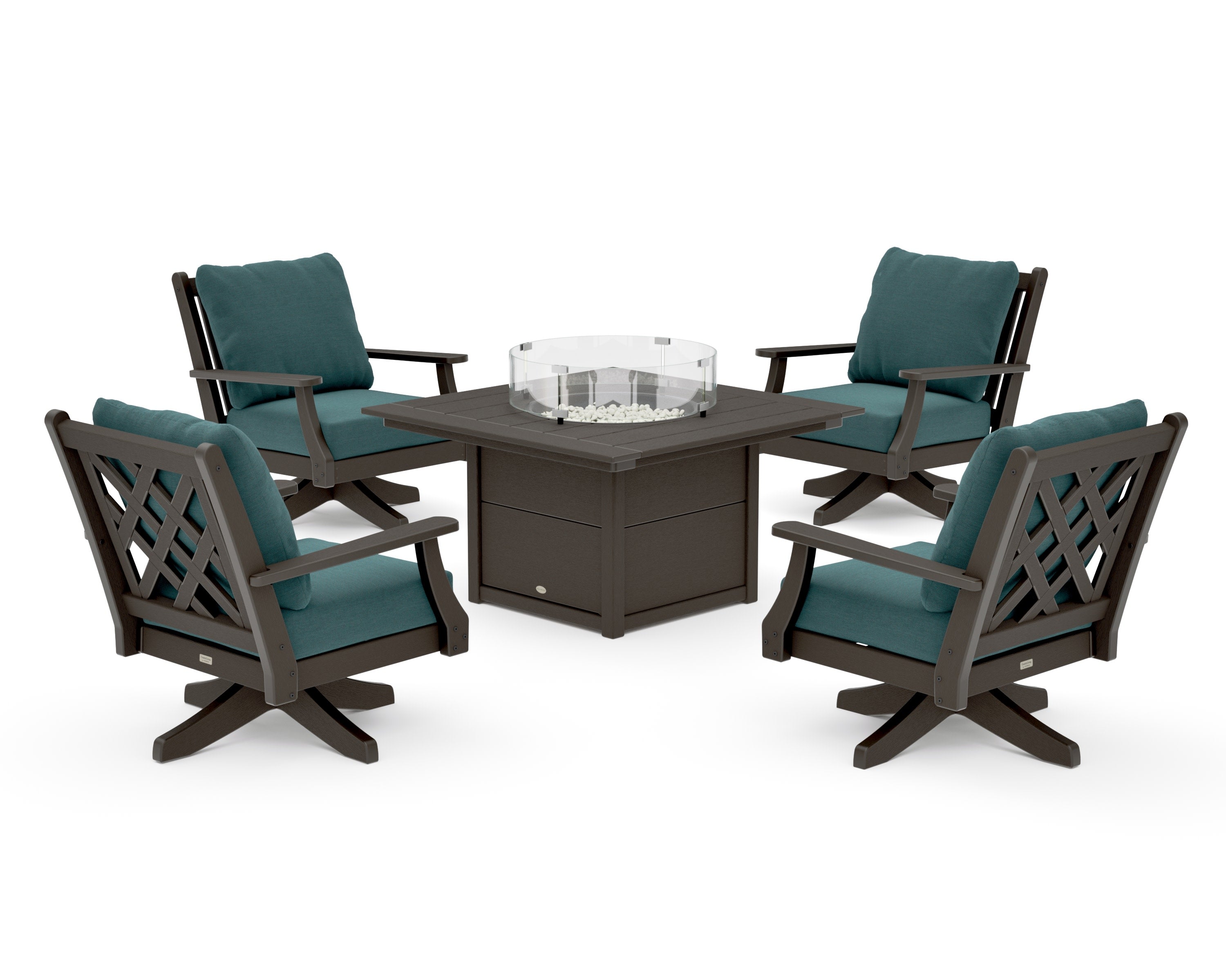 Wovendale 5-Piece Deep Seating Swivel Conversation Set with Fire Pit Table in Vintage Coffee / Ocean Teal