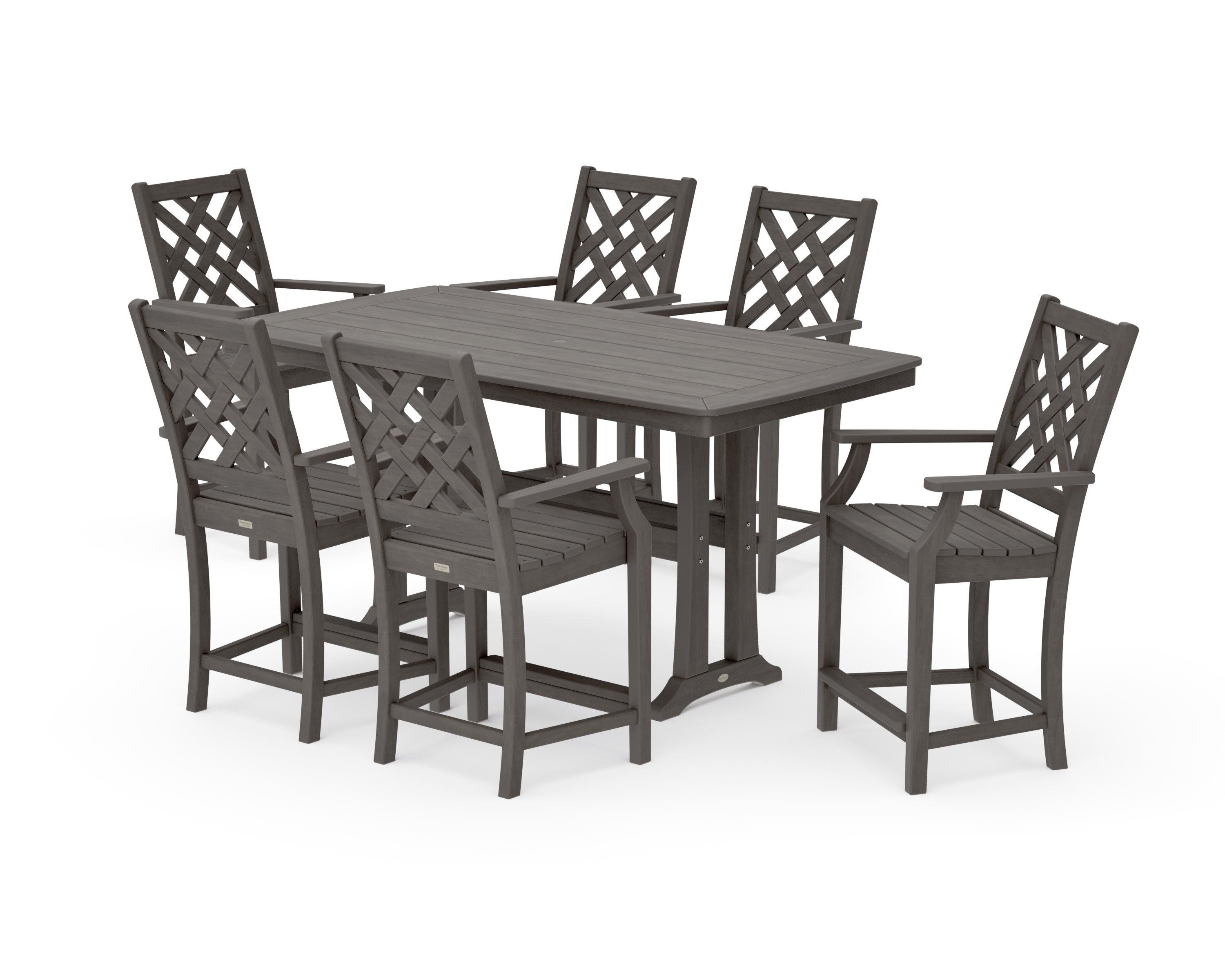 Wovendale Arm Chair 7-Piece Counter Set with Trestle Legs in Driftwood