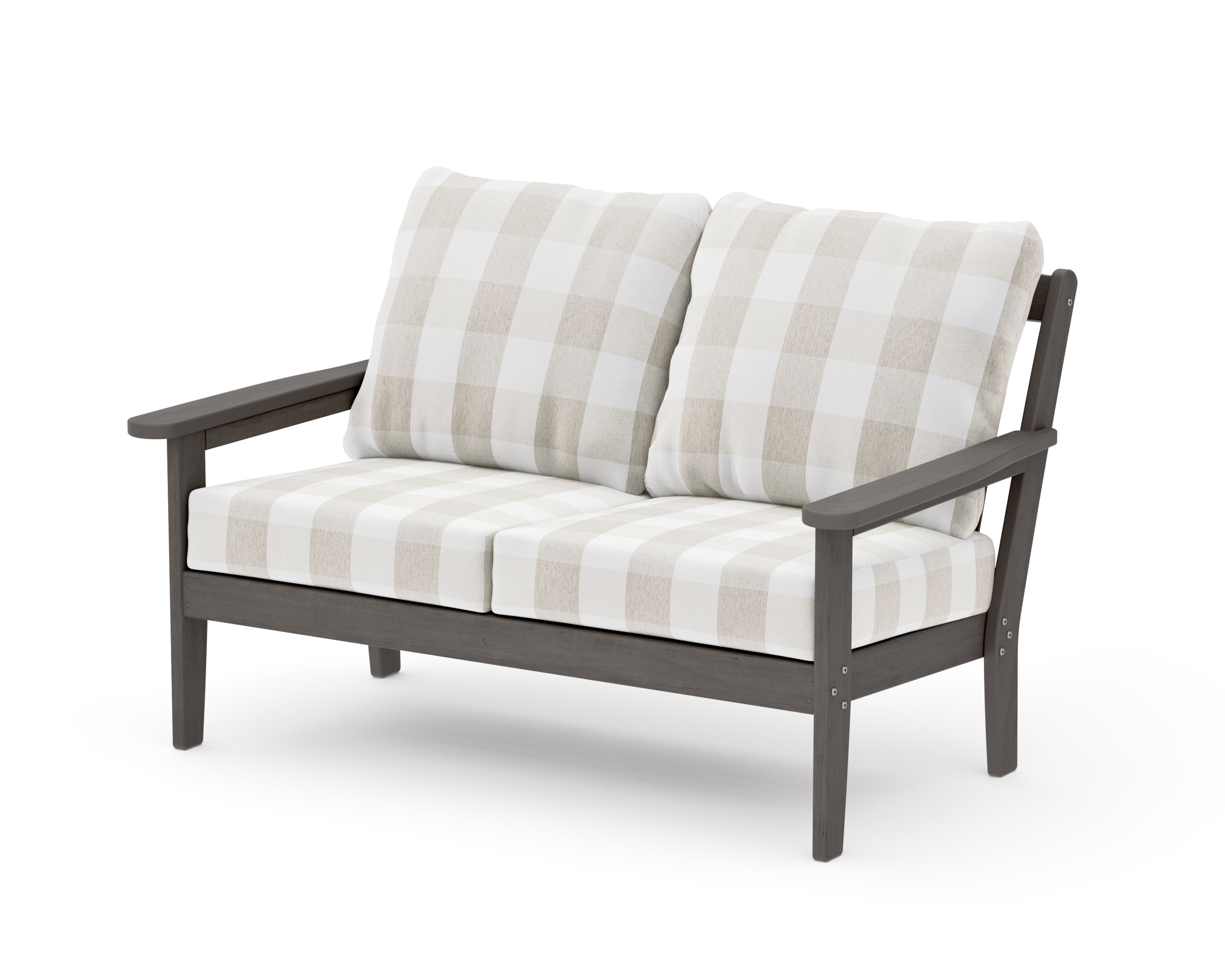 Cottage Deep Seating Loveseat in Driftwood / Buffalo Plaid Dune Burlap