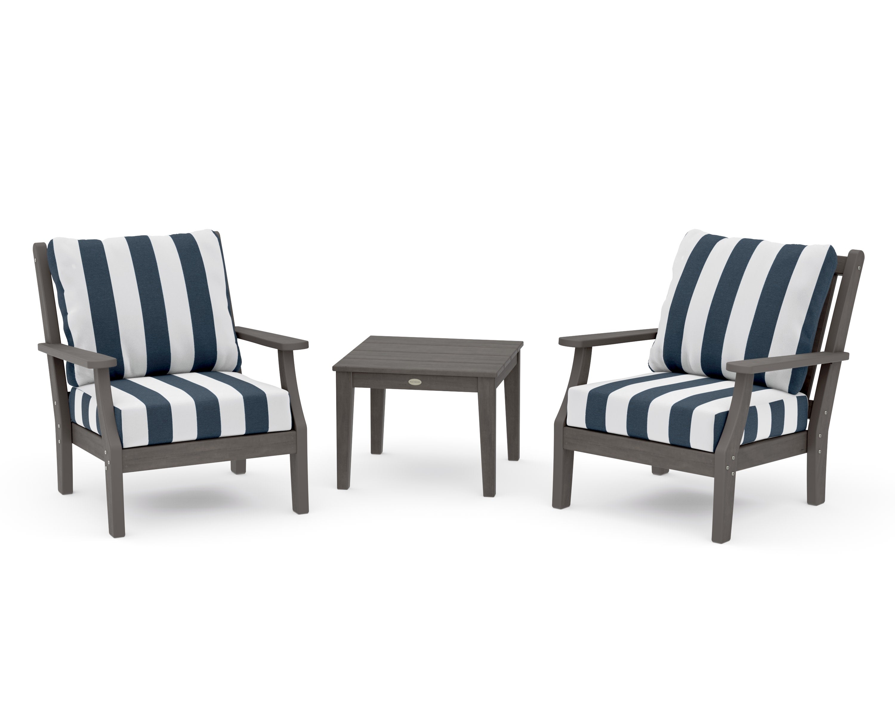 Wovendale 3-Piece Deep Seating Set in Driftwood / Cabana Stripe Marine Indigo