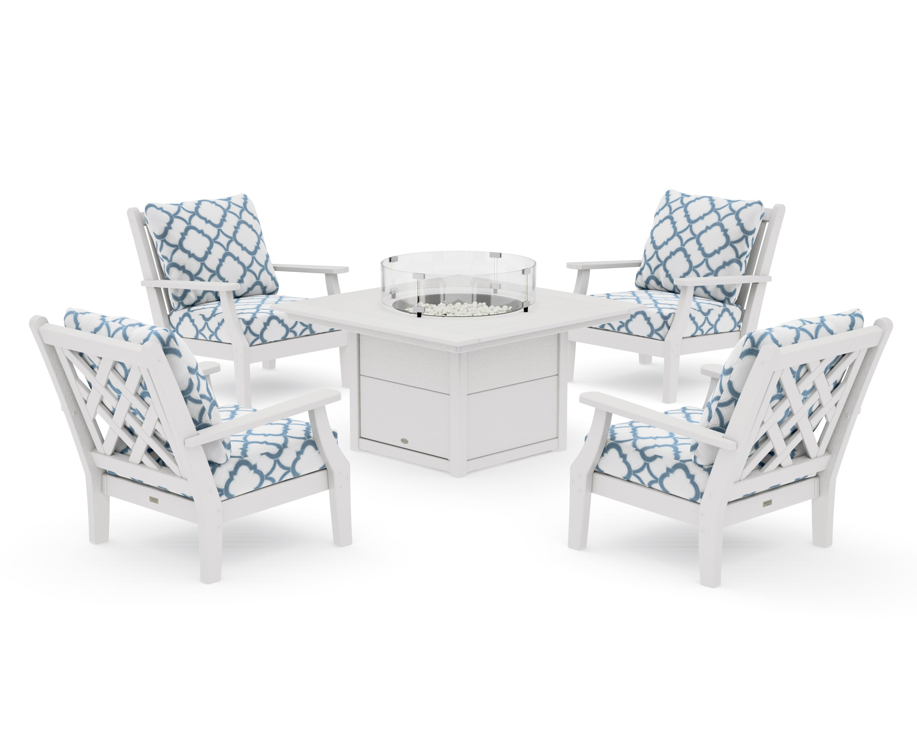 Wovendale 5-Piece Deep Seating Set with Fire Pit Table in Vintage White / Trellis Sky Blue