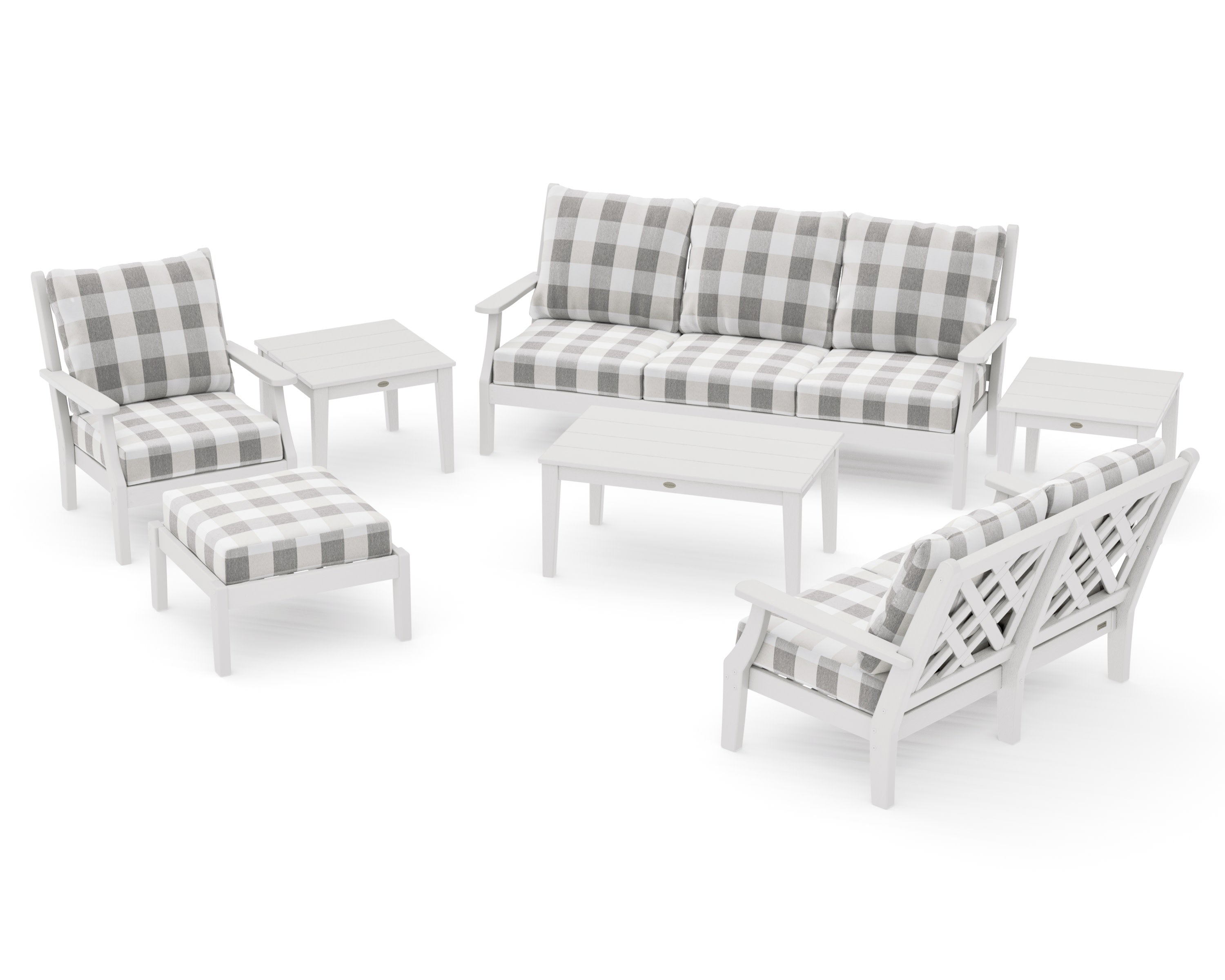 Wovendale 7-Piece Deep Seating Set in Vintage White / Buffalo Plaid Grey Mist