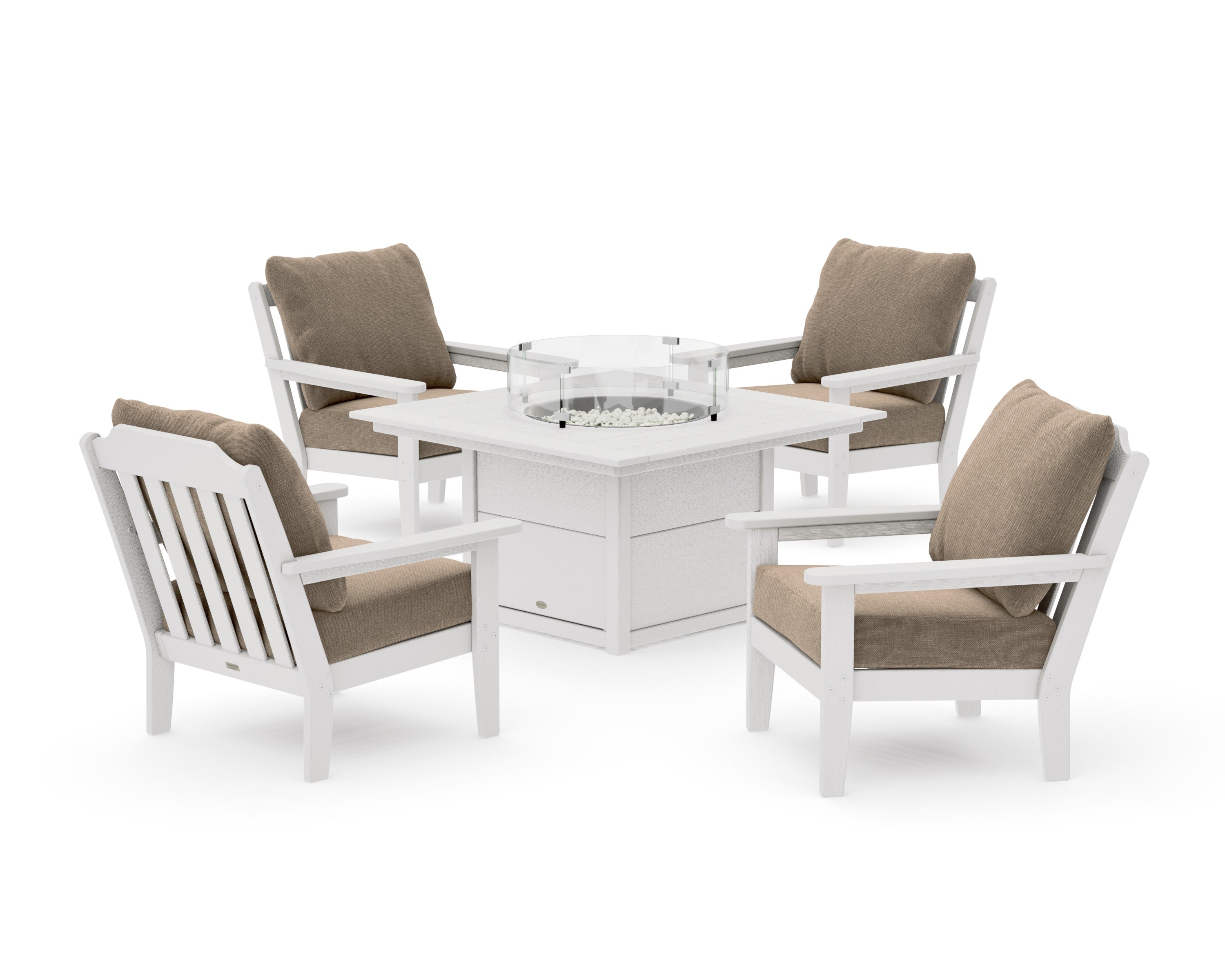 Cottage 5-Piece Deep Seating Set with Fire Pit Table in Vintage White / Spiced Burlap