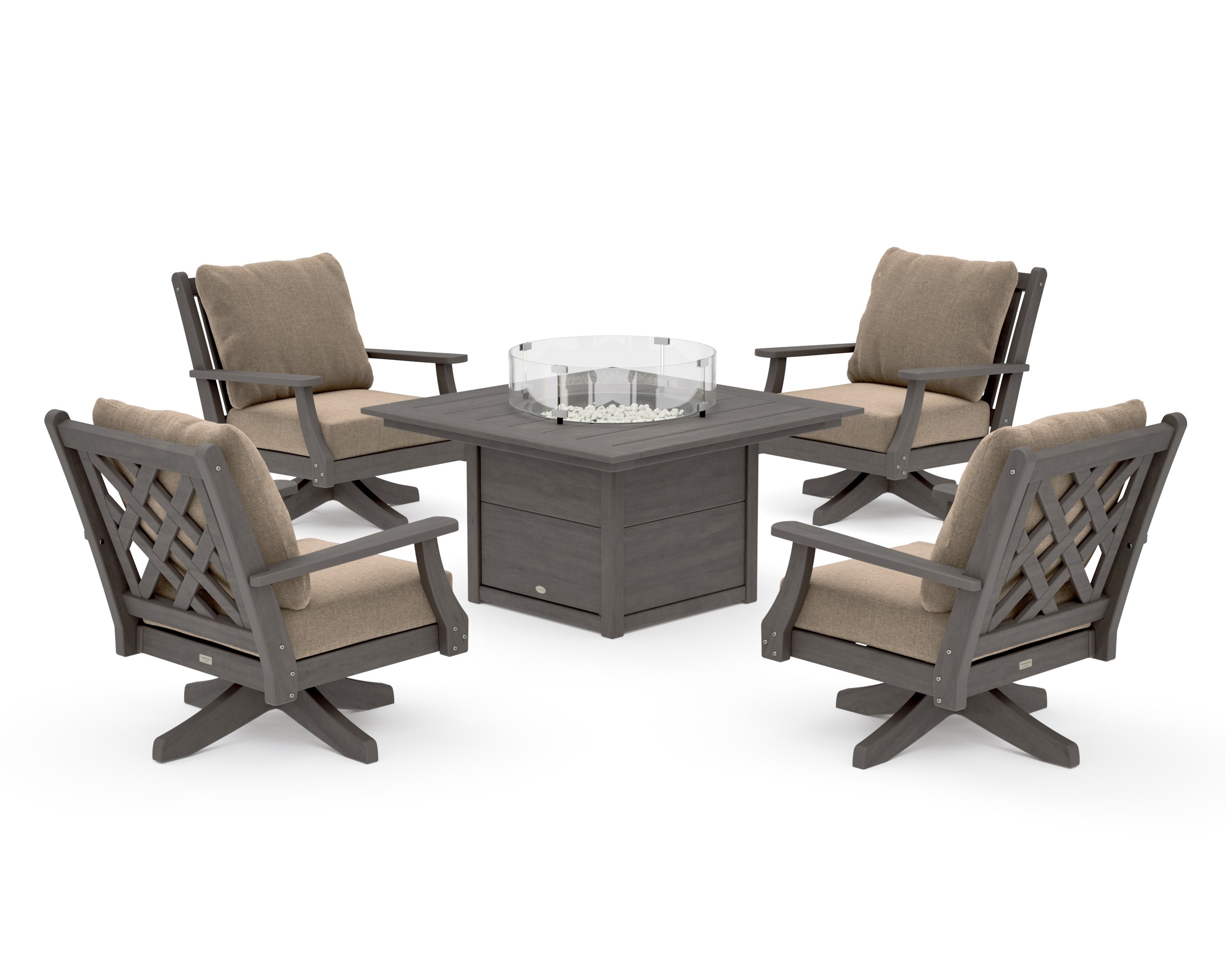 Wovendale 5-Piece Deep Seating Swivel Conversation Set with Fire Pit Table in Driftwood / Spiced Burlap