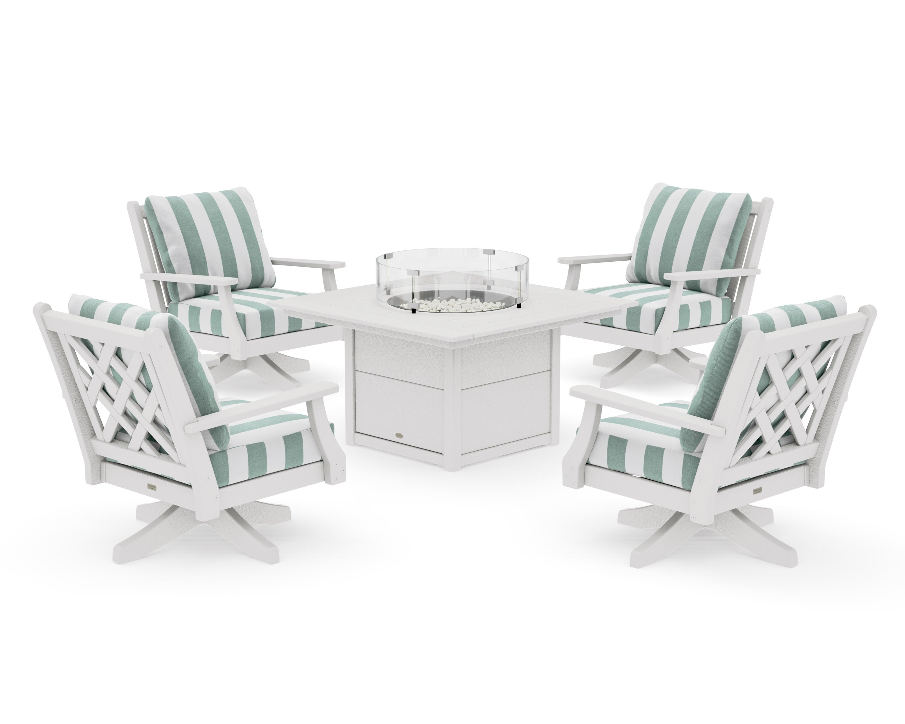 Wovendale 5-Piece Deep Seating Swivel Conversation Set with Fire Pit Table in Vintage White / Cabana Stripe Glacier Spa