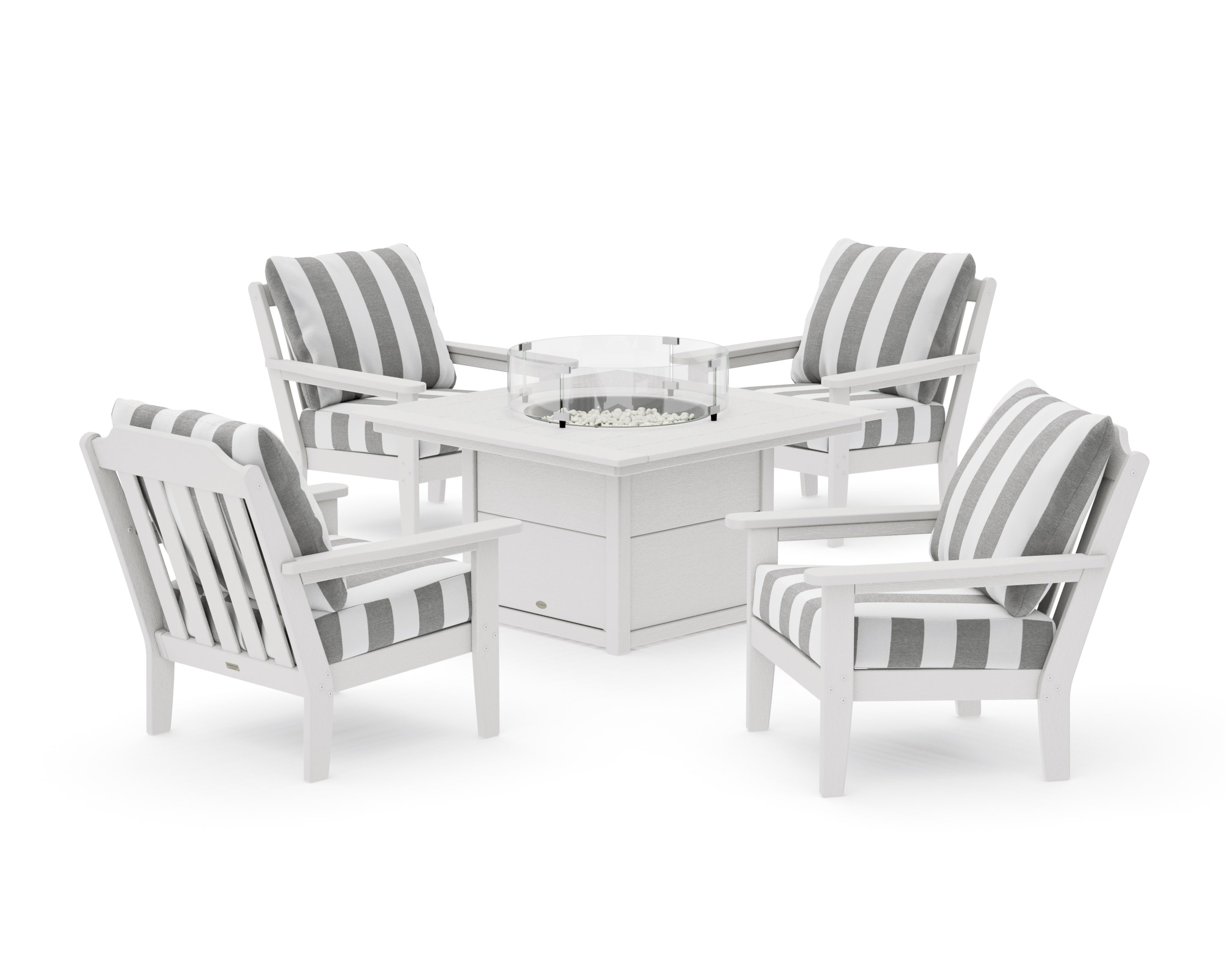 Cottage 5-Piece Deep Seating Set with Fire Pit Table in Vintage White / Cabana Stripe Grey Mist