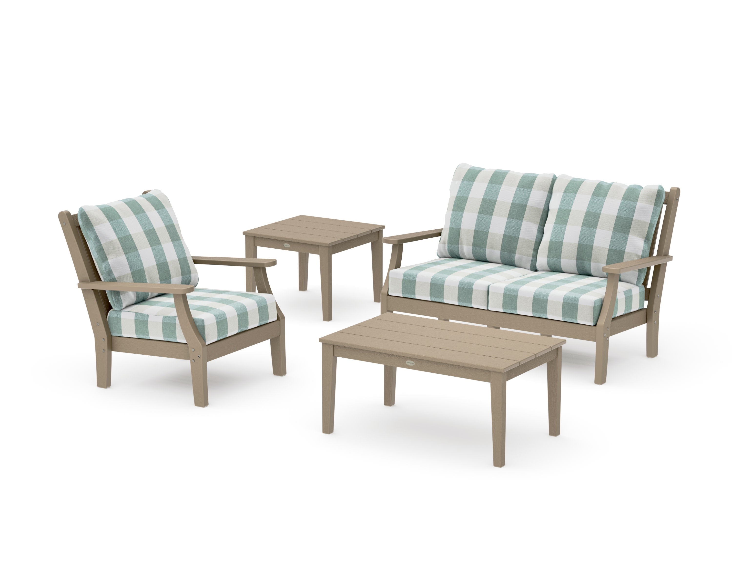 Wovendale 4-Piece Deep Seating Set in Vintage Sahara / Buffalo Plaid Glacier Spa