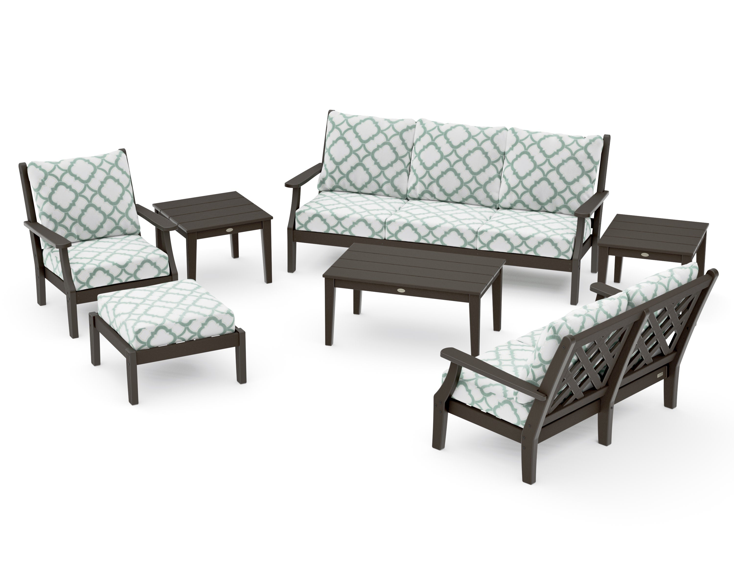 Wovendale 7-Piece Deep Seating Set in Vintage Coffee / Trellis Glacier Spa