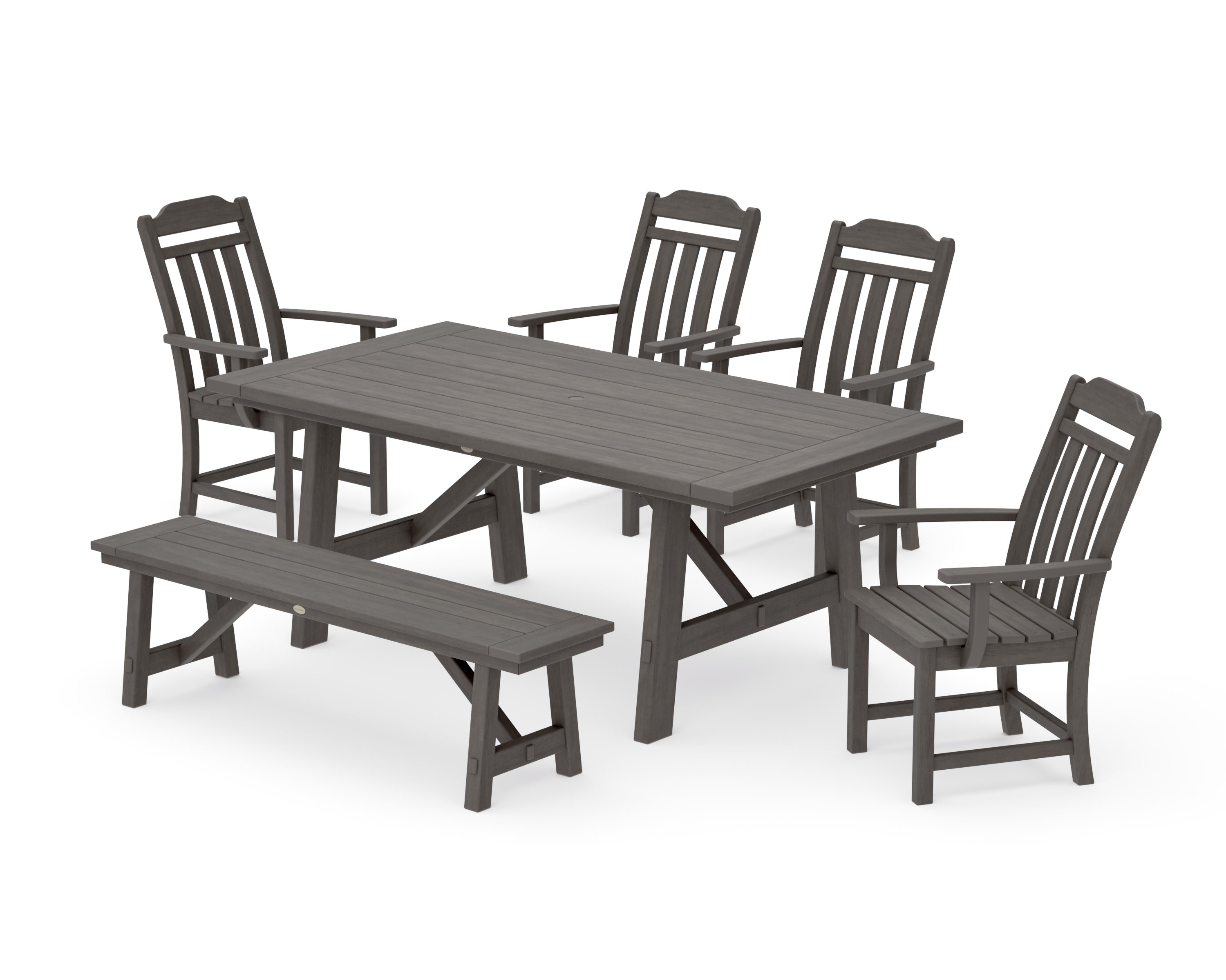 Cottage 6-Piece Rustic Farmhouse Dining Set with Bench in Driftwood