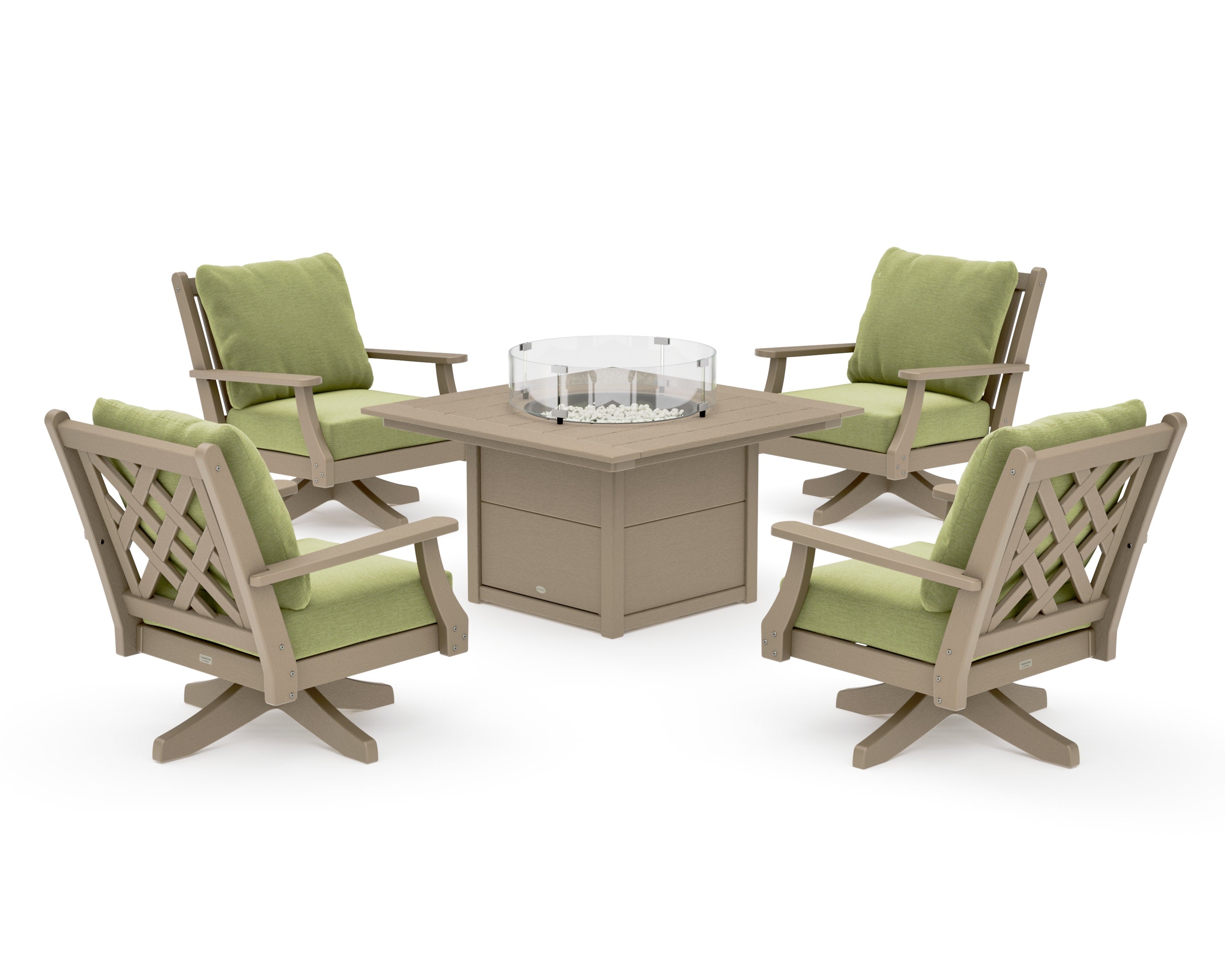 Wovendale 5-Piece Deep Seating Swivel Conversation Set with Fire Pit Table in Vintage Sahara / Chartreuse Boucle
