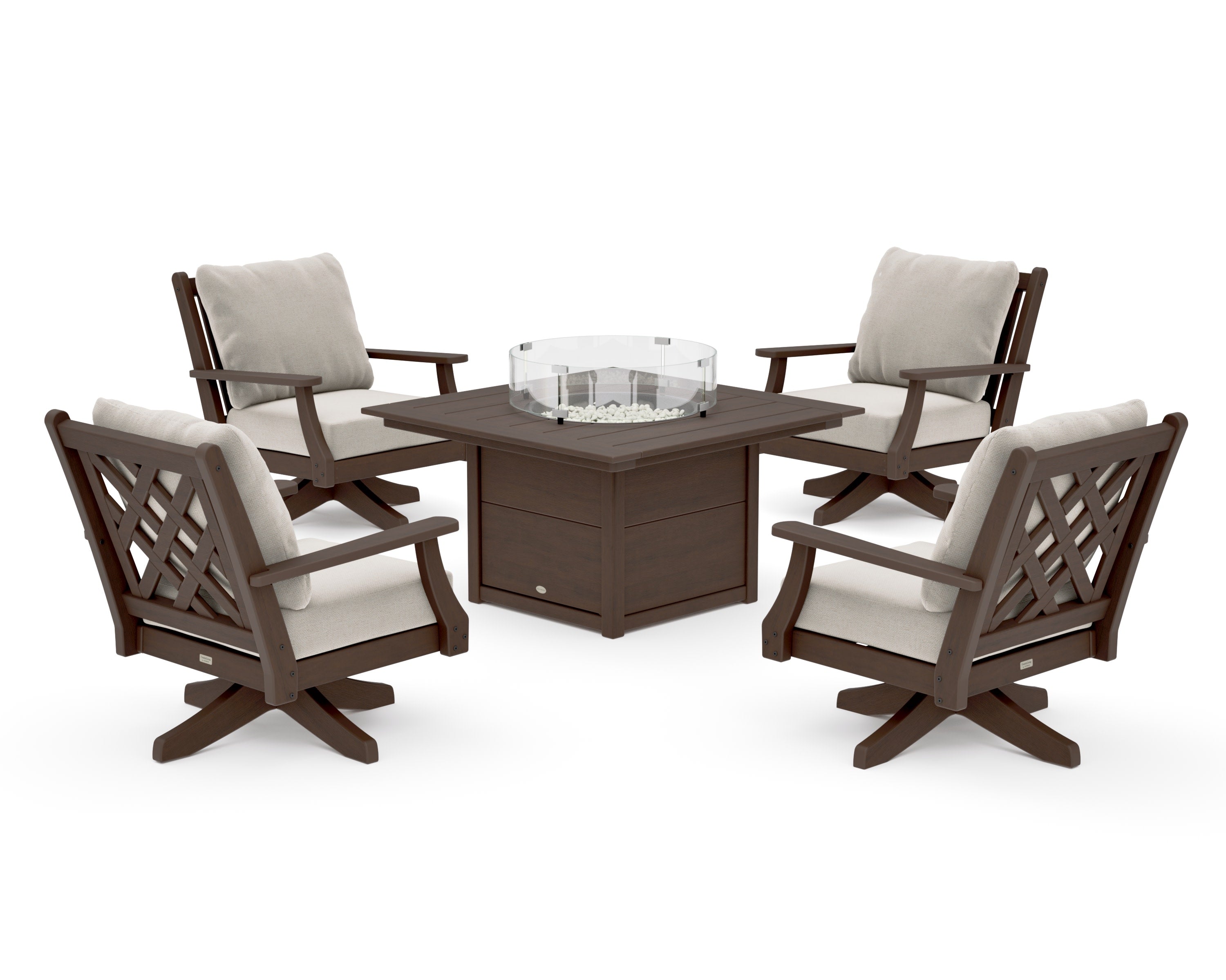 Wovendale 5-Piece Deep Seating Swivel Conversation Set with Fire Pit Table in Kona / Dune Burlap