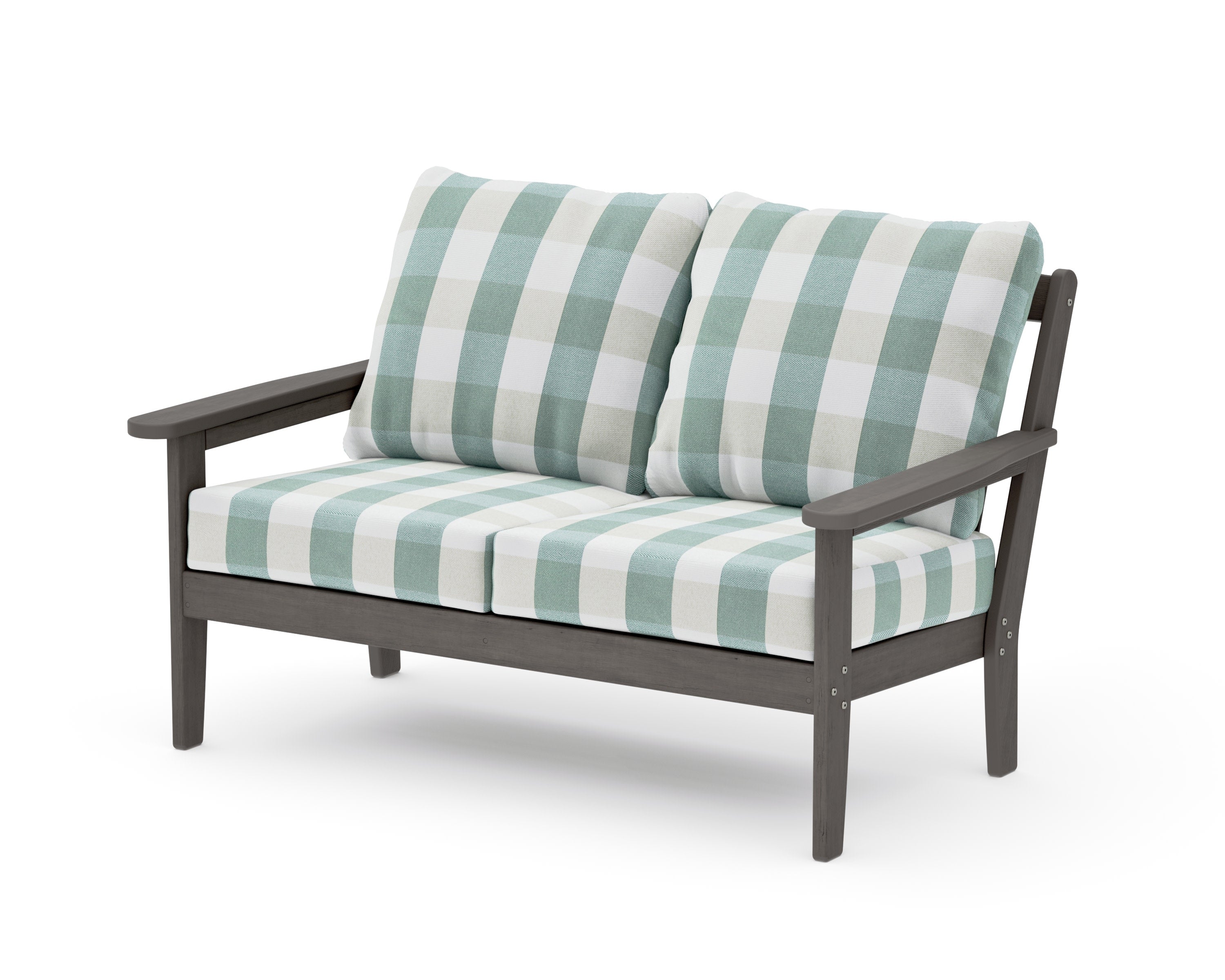 Cottage Deep Seating Loveseat in Driftwood / Buffalo Plaid Glacier Spa