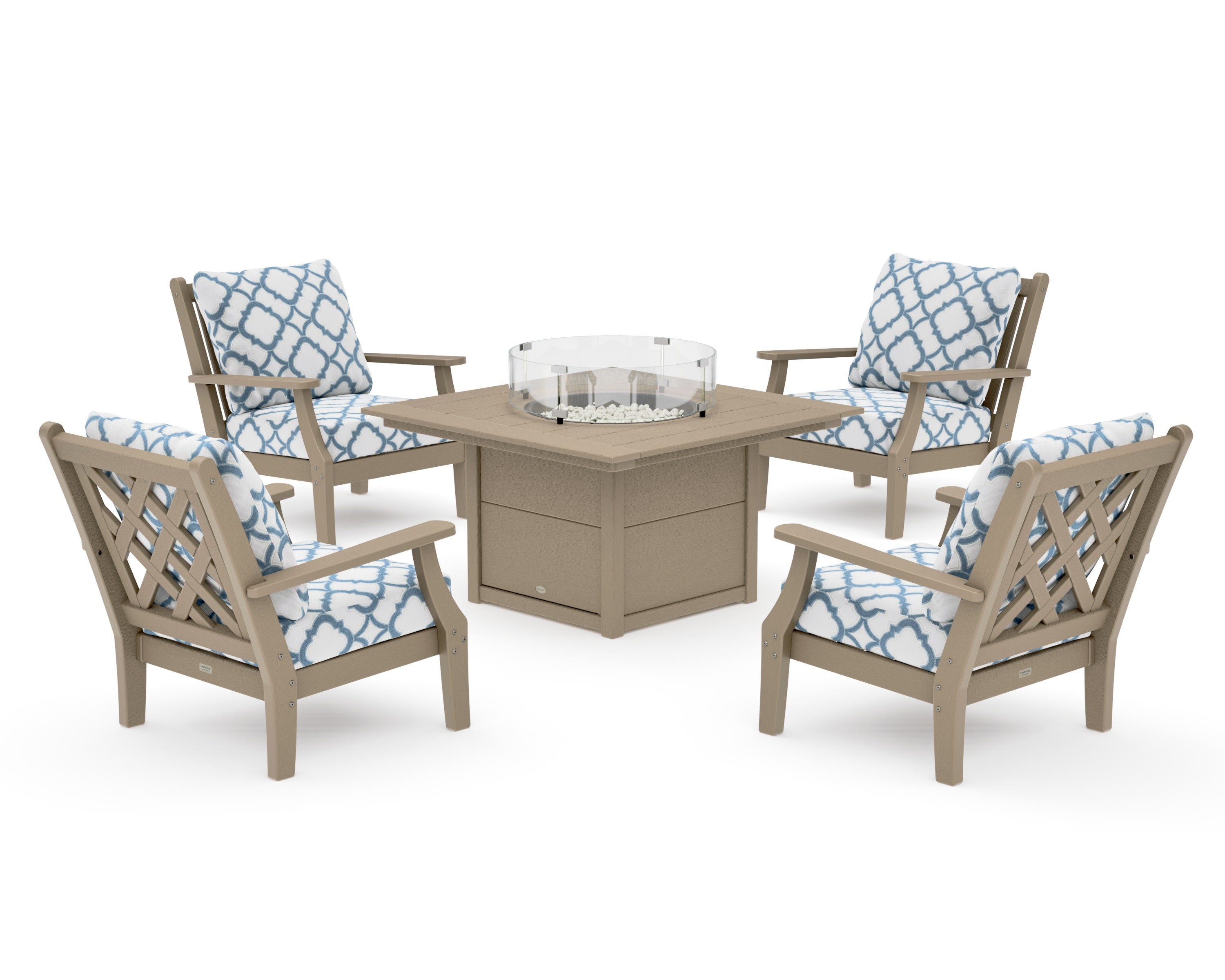 Wovendale 5-Piece Deep Seating Set with Fire Pit Table in Vintage Sahara / Trellis Sky Blue