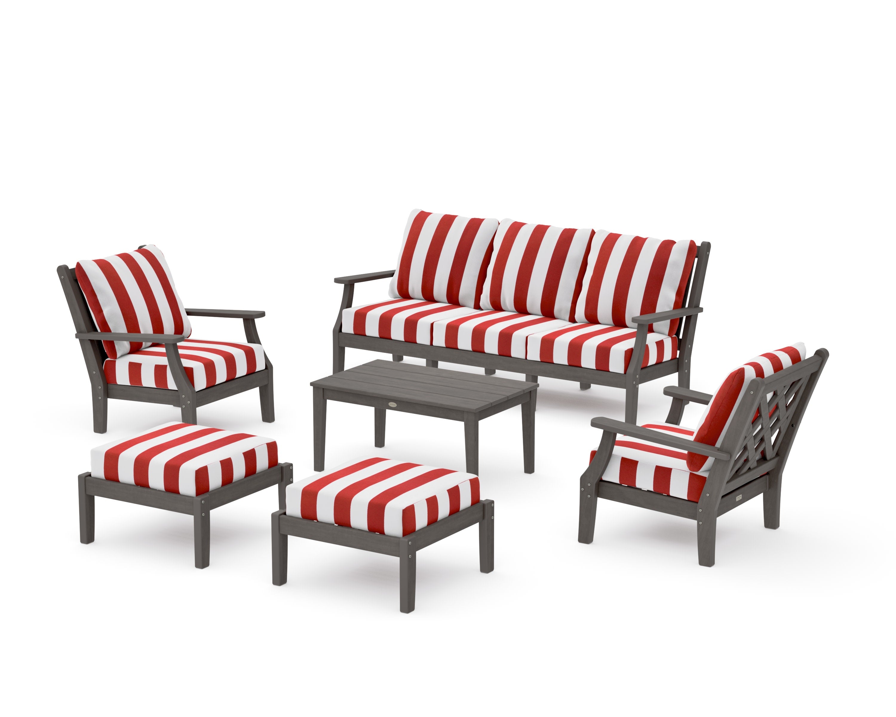 Wovendale 6-Piece Lounge Sofa Set in Driftwood / Cabana Stripe Crimson