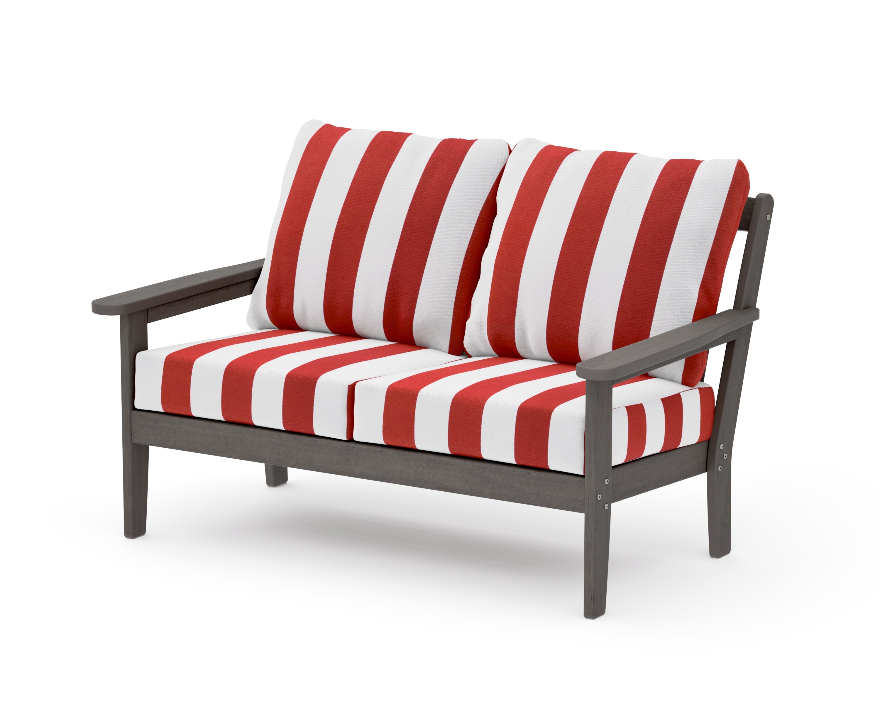 Cottage Deep Seating Loveseat in Driftwood / Cabana Stripe Crimson