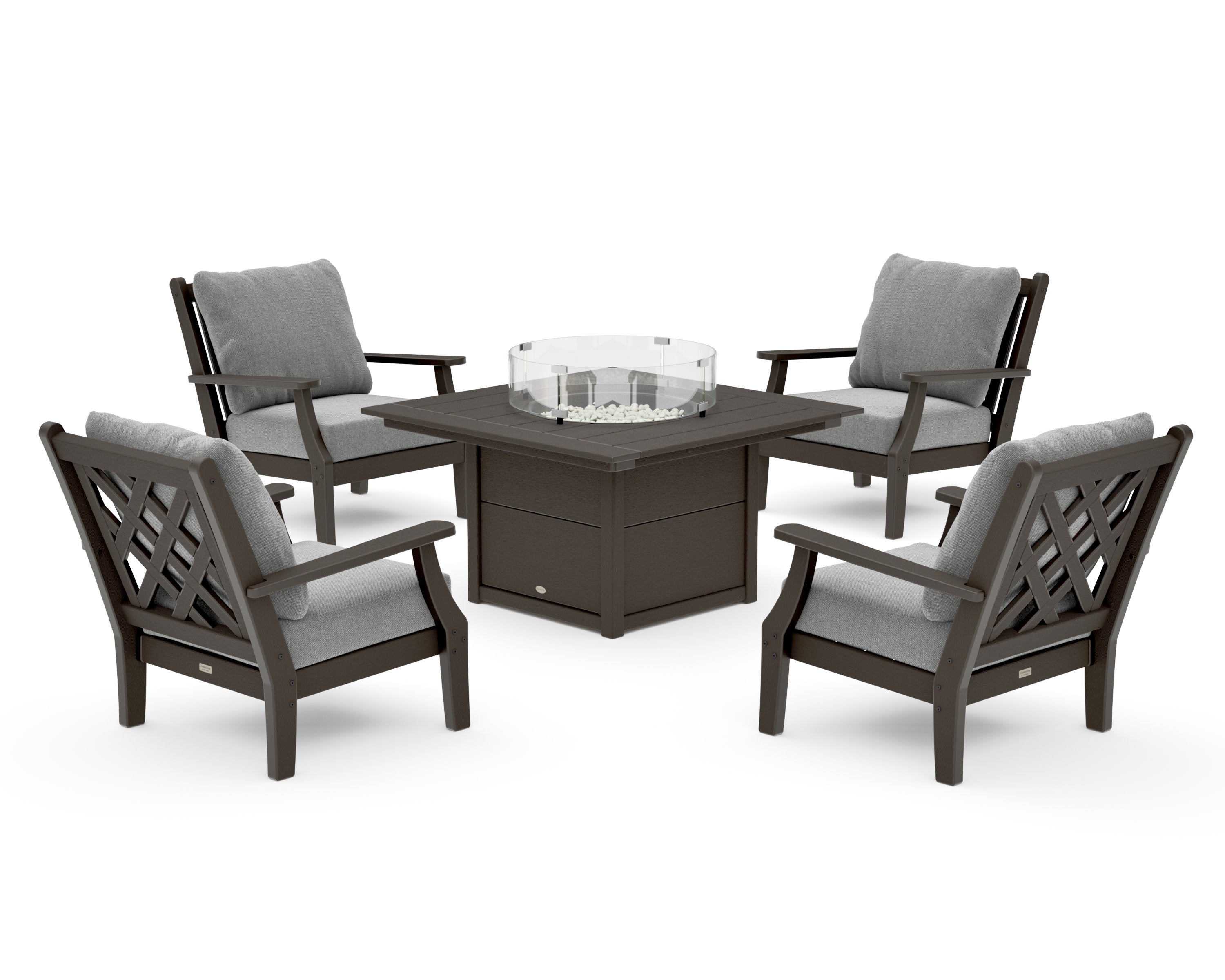 Wovendale 5-Piece Deep Seating Set with Fire Pit Table in Vintage Coffee / Grey Mist