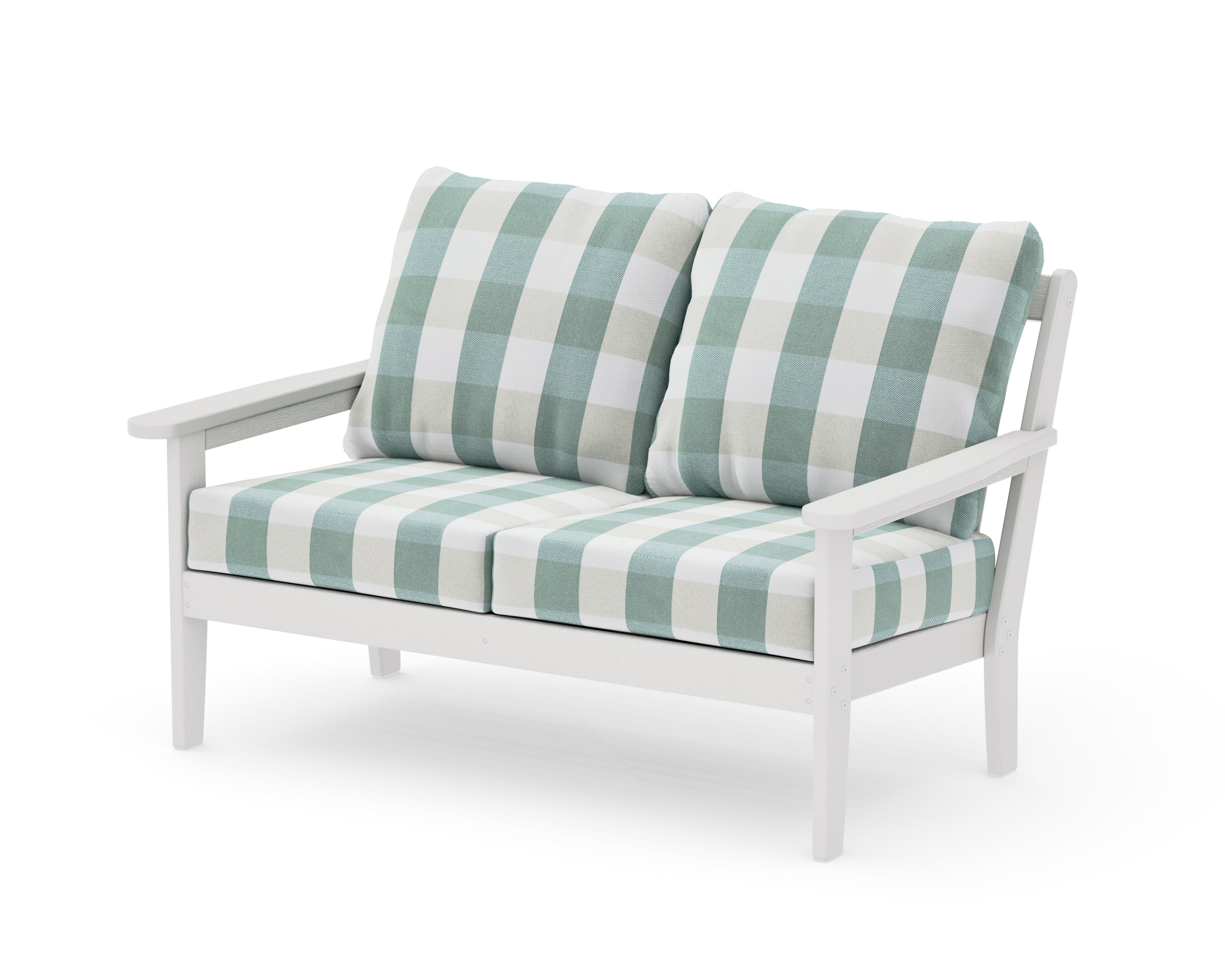 Cottage Deep Seating Loveseat in Vintage White / Buffalo Plaid Glacier Spa