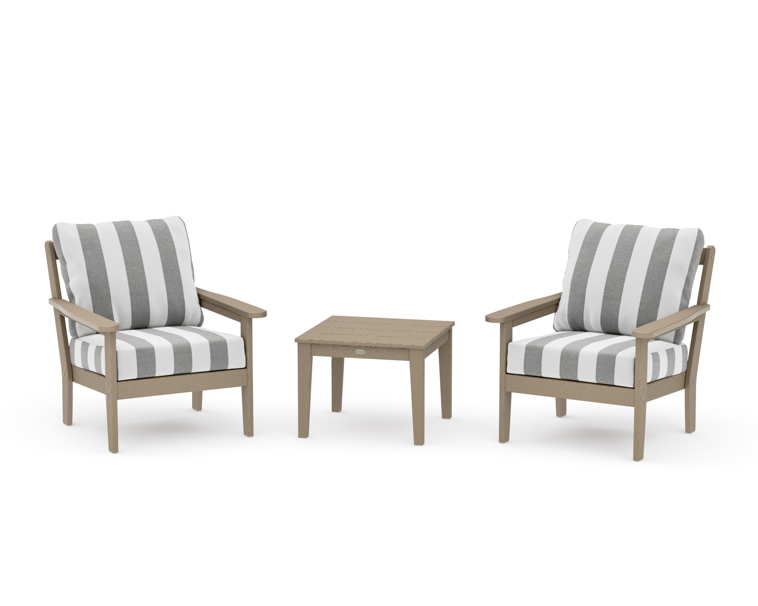 Cottage 3-Piece Deep Seating Set in Vintage Sahara / Cabana Stripe Grey Mist