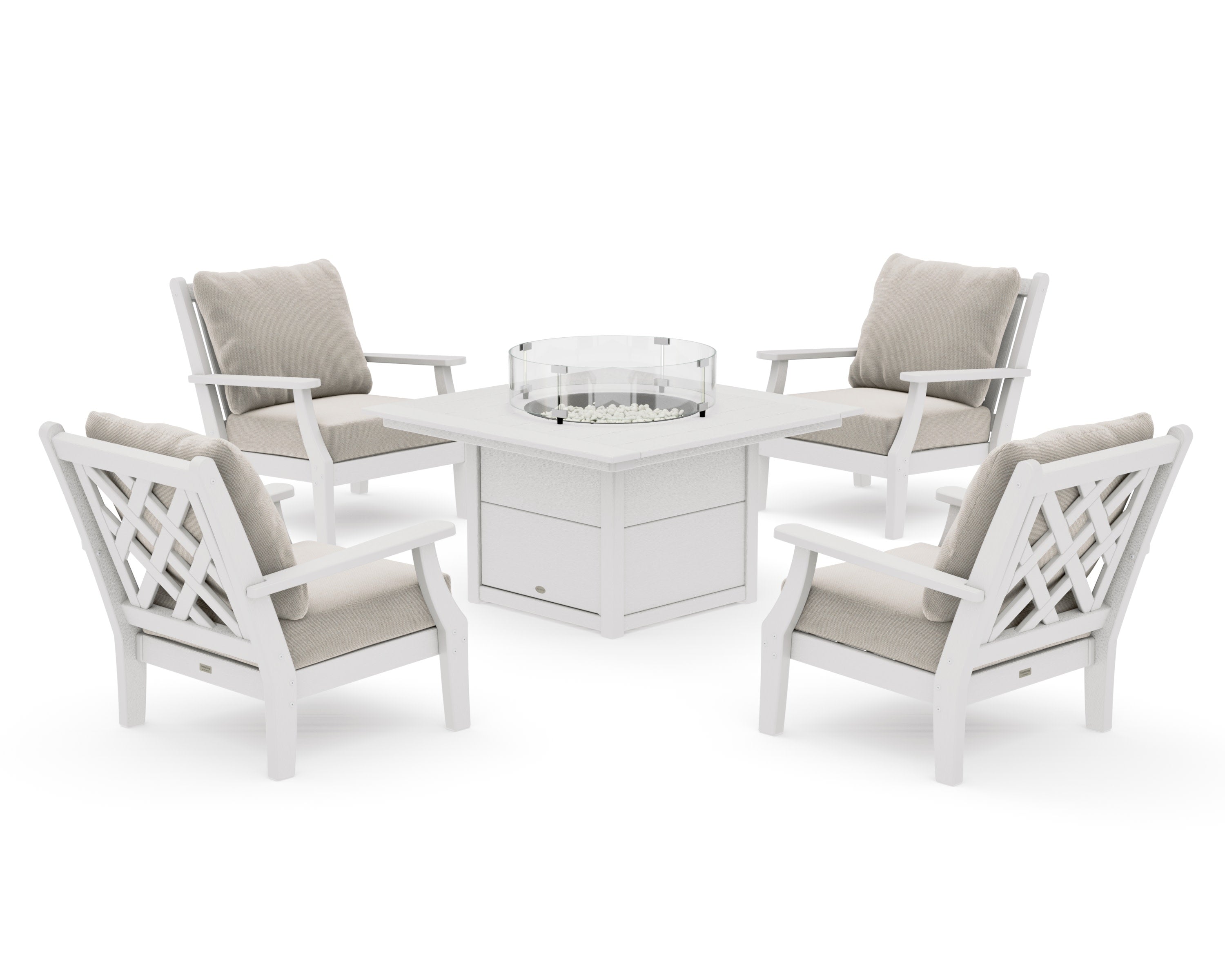 Wovendale 5-Piece Deep Seating Set with Fire Pit Table in Vintage White / Dune Burlap