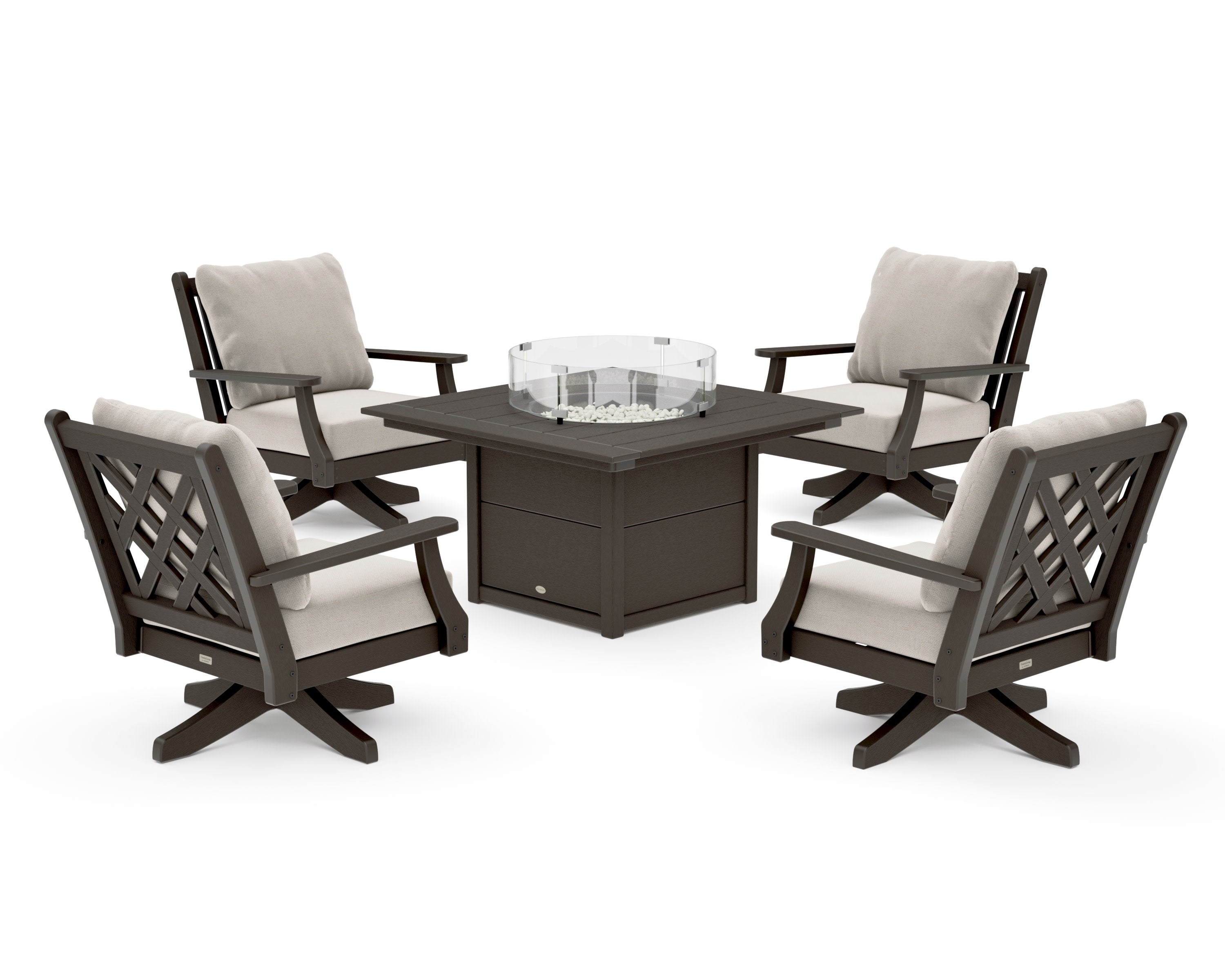 Wovendale 5-Piece Deep Seating Swivel Conversation Set with Fire Pit Table in Vintage Coffee / Dune Burlap